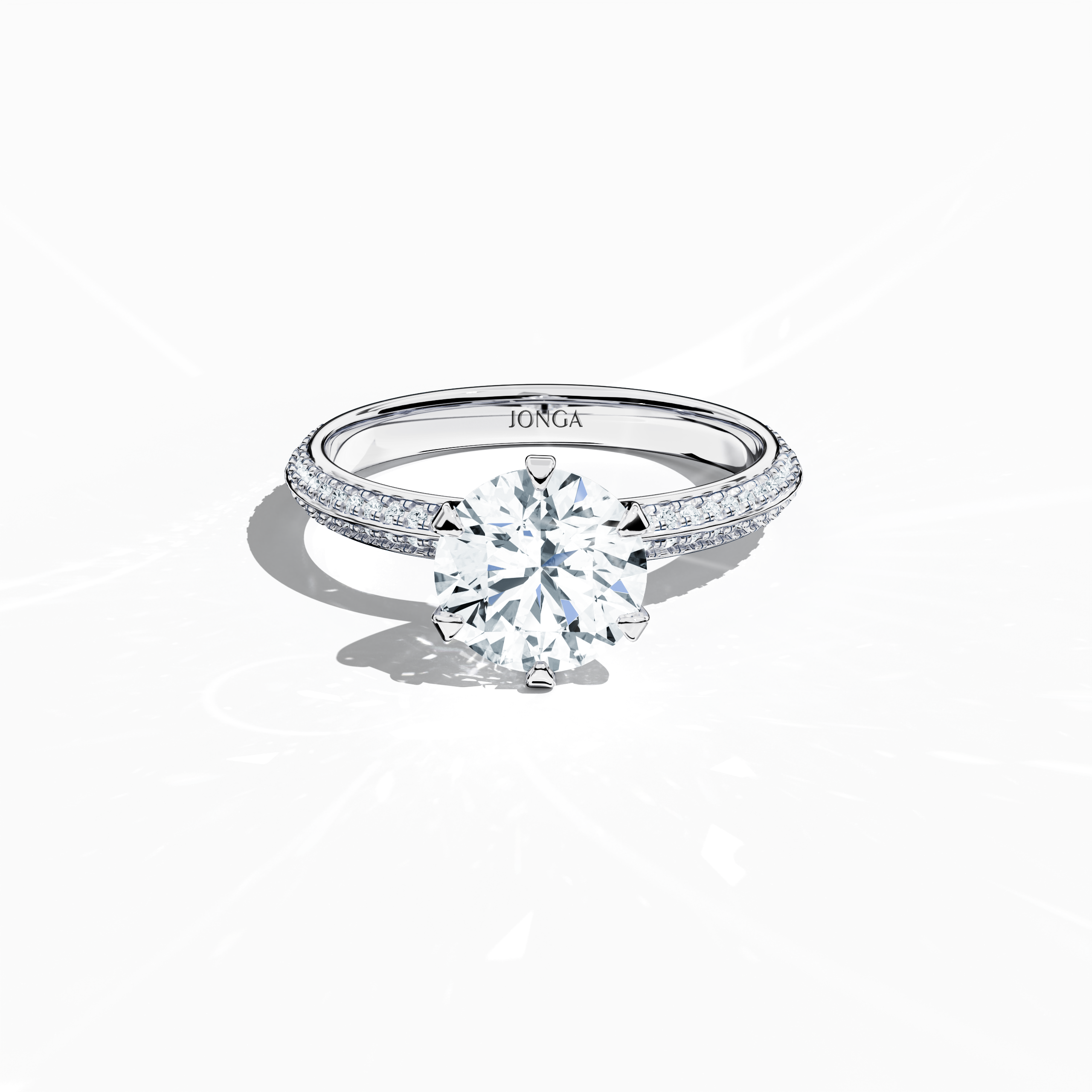 Elegant 2.40  карат diamond ring in a six‑prong baby claw setting with a pavé band—comprising a 2  карат center stone and 0.40  карат side stones—rendered in silvery белое золото with a dual‑tier, step‑accented band. Captured from a front top view, this fine Украшения/fine Ювелирные изделия ring highlights its refined pavé detailing and exceptional sparkle.