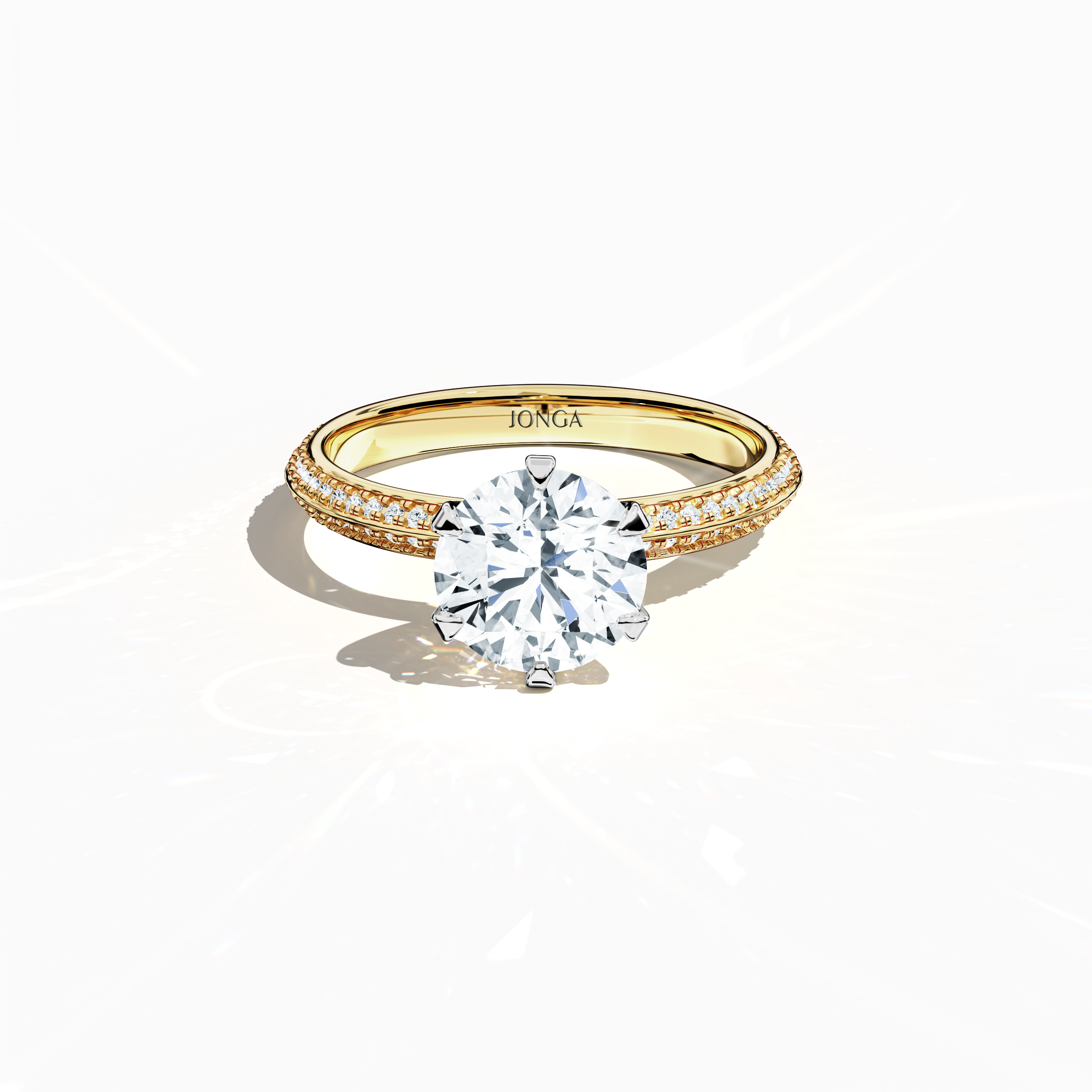Elegant 2.40  карат diamond ring in a six‑prong setting with a pavé band—comprising a 2  карат center stone and 0.40  карат side stones—rendered in classic жёлтое золото with a dual‑tier, step‑accented band and a defined midline. Captured from a front top view, this fine Украшения/fine Ювелирные изделия ring highlights its luxurious pavé detail and warm radiance.