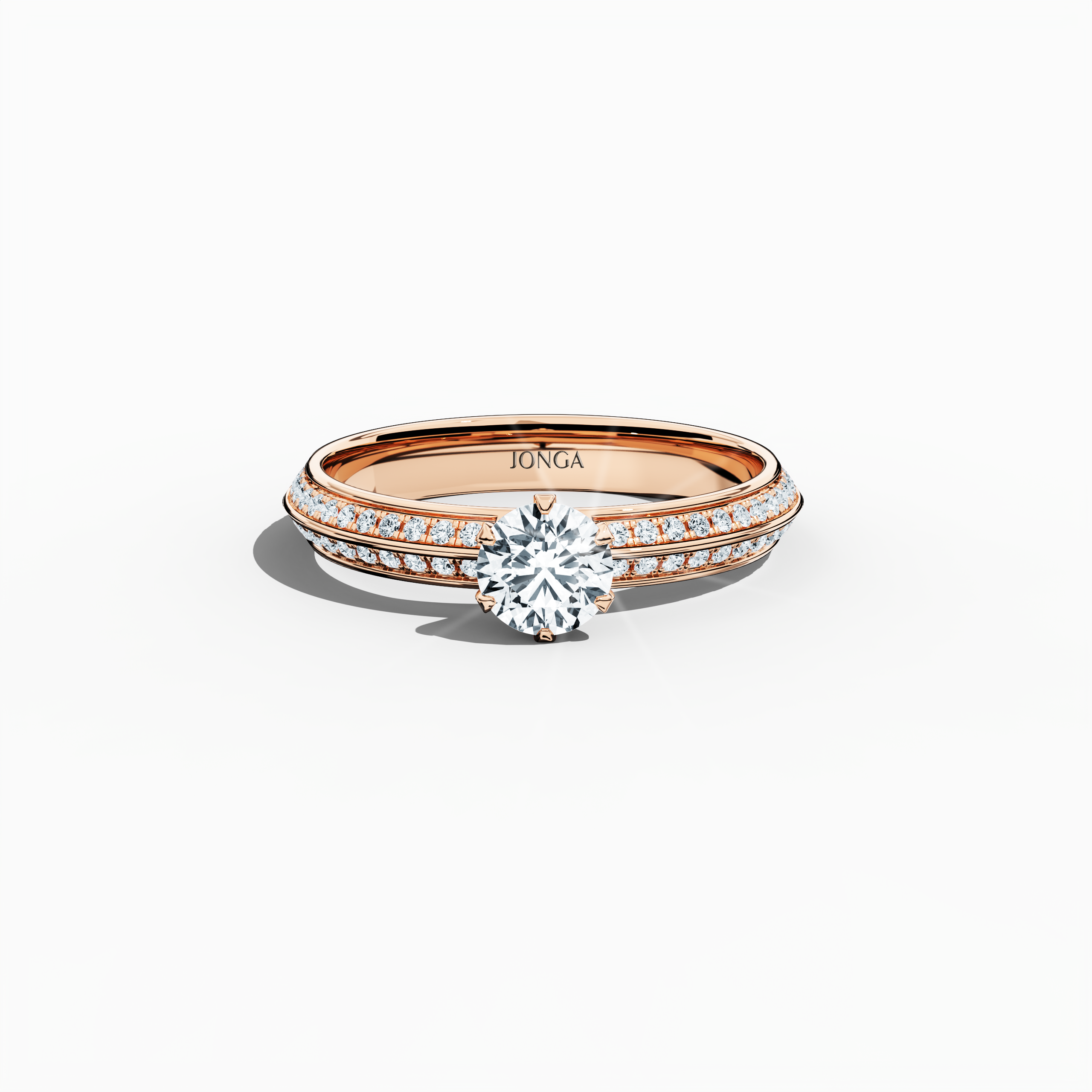 Elegant 0.90 ct diamond ring in a six‑prong setting with a pavé band – including a 0.50 ct center diamond and 0.40 ct side stones – rendered in soft rose gold (blush/pink gold) with a dual‑tier, step‑accented band and a defined central line. Captured from a front top view, this fine jewelry/fine jewellery ring highlights its luminous pavé setting and gentle, romantic finish.
