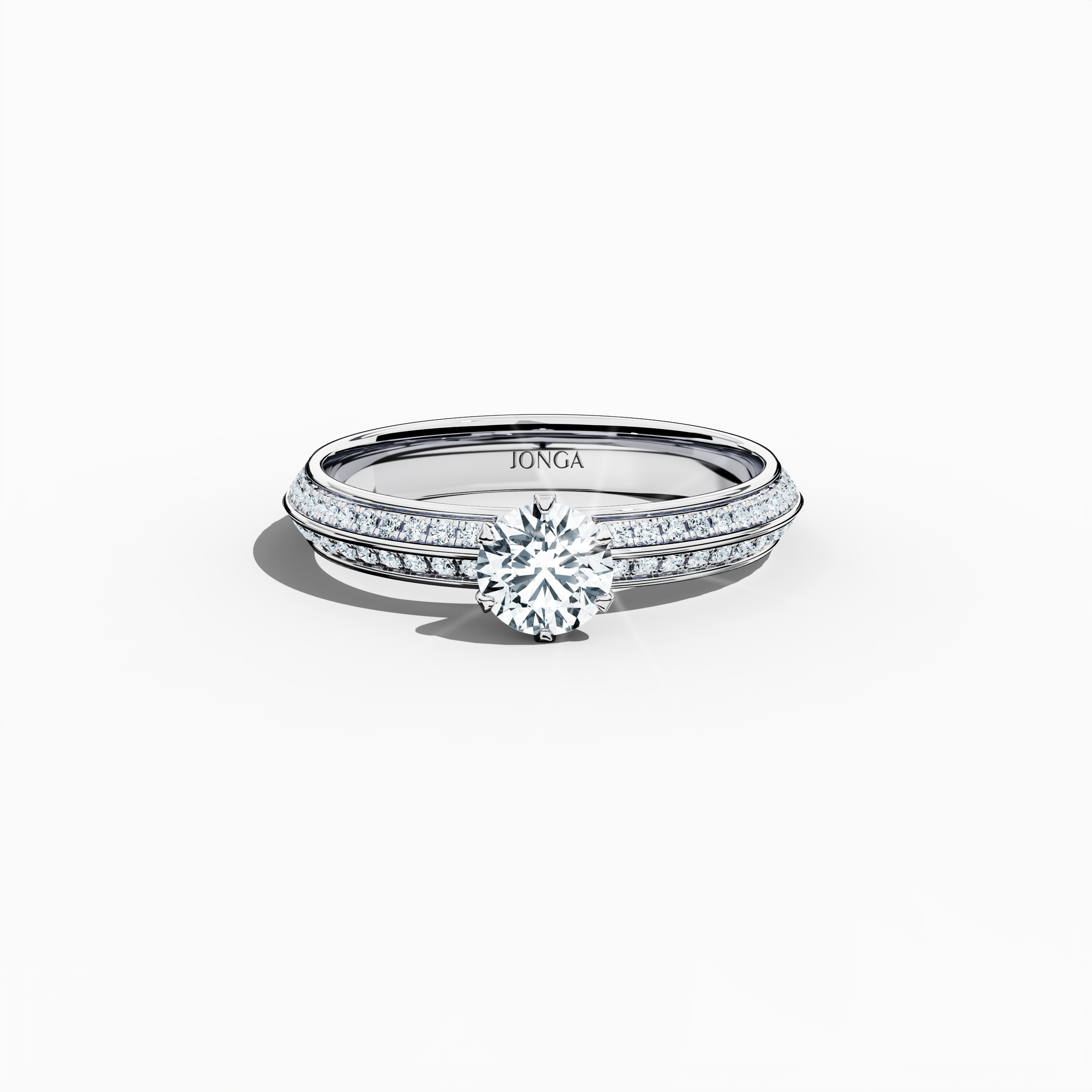 Elegant 0.90ct diamond ring in a six‑prong baby claw setting with a pavé band – comprising a 0.50 ct center stone and 0.40 ct side stones – rendered in silvery white gold with a dual‑tier, step‑accented band. Captured from a front top view, this fine jewelry/fine jewellery ring highlights its contemporary pavé setting and brilliant sparkle.