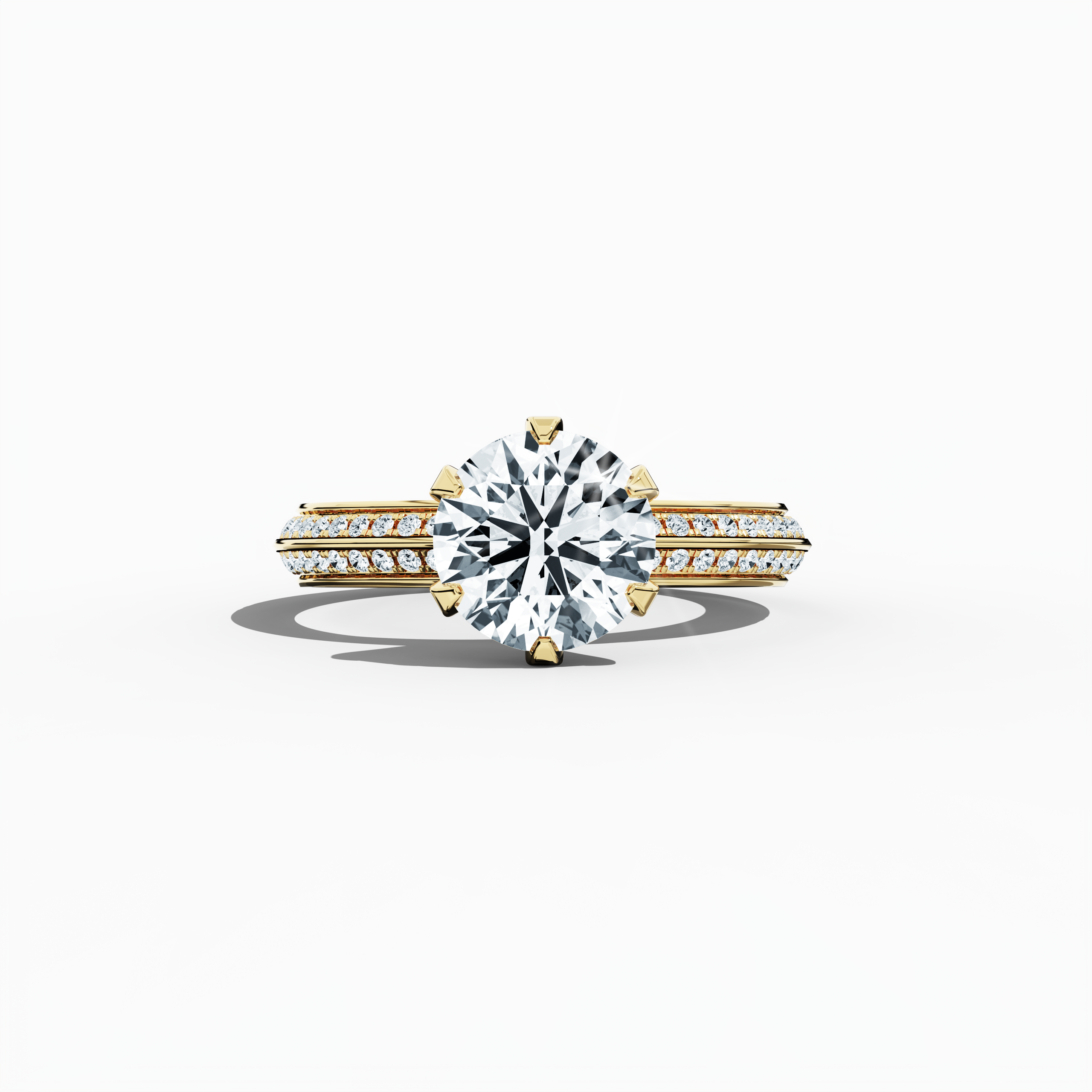 Solitaire paved ring with a total of 2.40 ct diamonds—featuring a 2 ct center diamond and 0.40 ct pavé side stones—set in a rich yellow gold band with a modern two‑step design and a sharp central line. Shown in a sleeping front view, this fine jewelry/fine jewellery ring exudes warm, classic brilliance and refined sparkle.