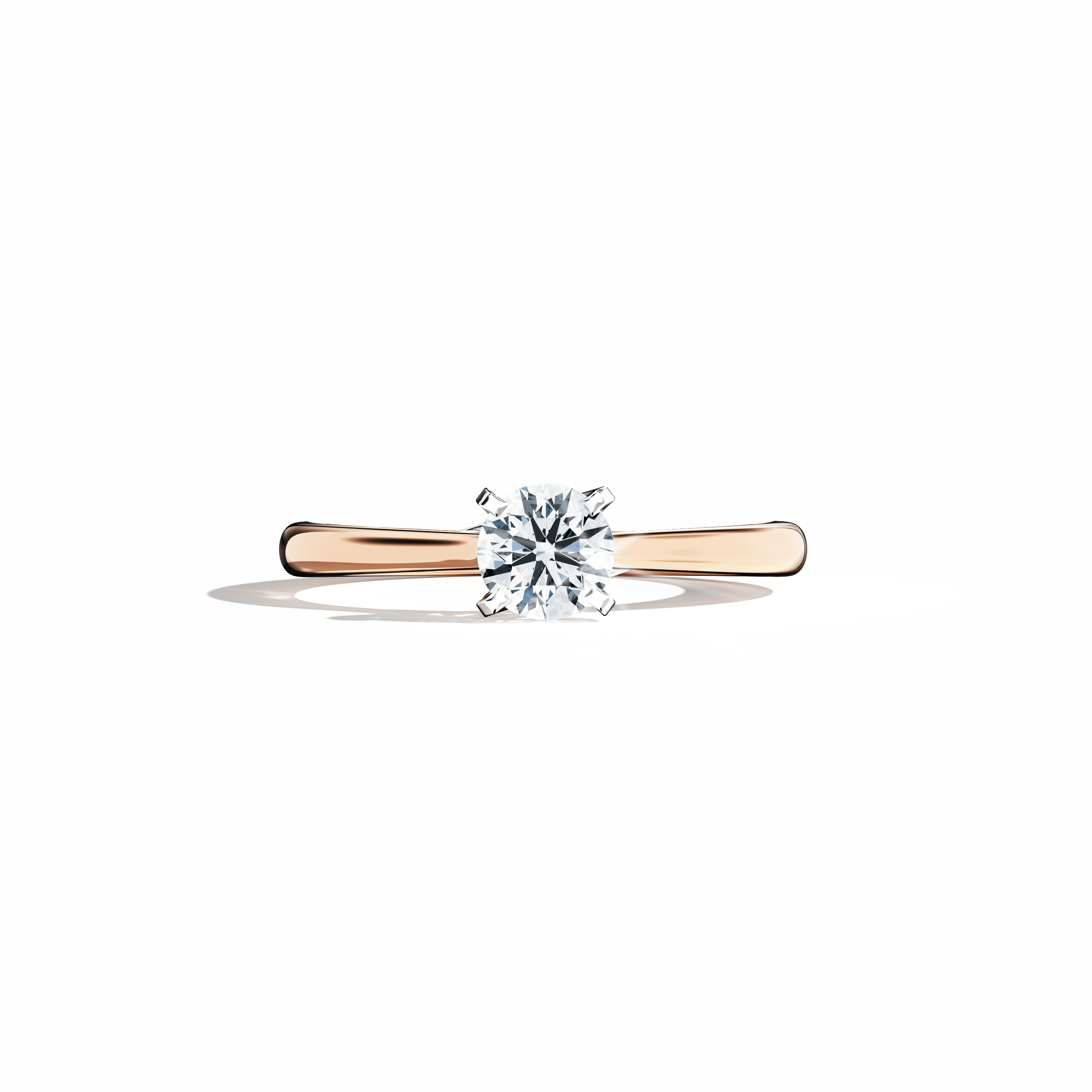 Solitaire ring with a 0.50  карат center diamond in a unique twisted bottom setting and four‑tap prong detail in белое золото, paired with a soft розовое золото band (blush/pink gold). Shown in a sleeping front view on a flat surface, this fine Украшения/fine Ювелирные изделия piece radiates warm, romantic elegance and modern style.