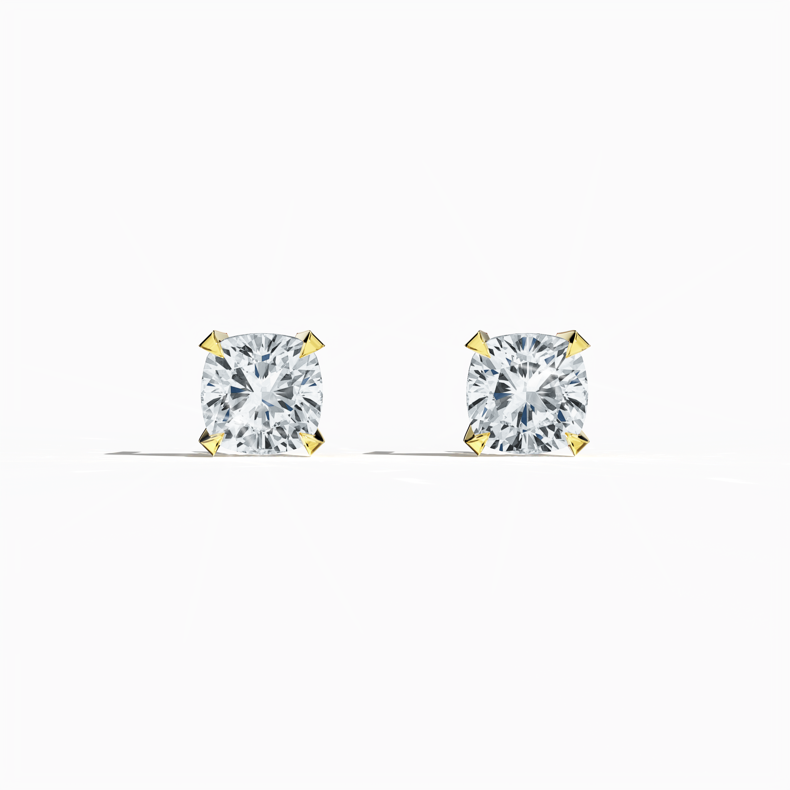 Front view of 1-carat natural diamond earring in 18k жёлтое золото with nail prong setting; features a cushion cut diamond (also known as cushion brilliant or pillow cut diamond in various regions) – luxury fine Украшения/fine Ювелирные изделия ear accessory.