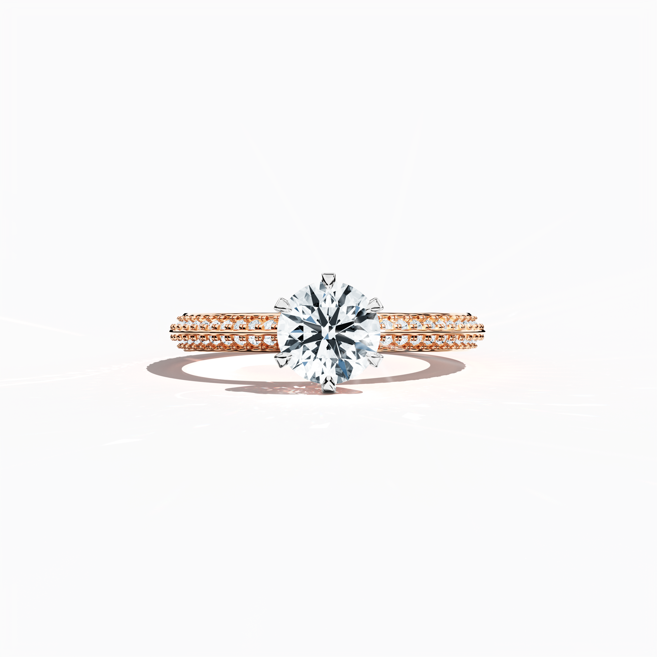 Solitaire paved ring with 1.40  карат total diamonds – featuring a 1  карат center diamond and 0.40  карат pavé side stones – set in a soft розовое золото band (blush/pink gold) with a modern two‑step design and a sharp central line. Shown in a sleeping front view on a flat surface, this fine Украшения/fine Ювелирные изделия ring exudes romantic warmth and contemporary elegance.