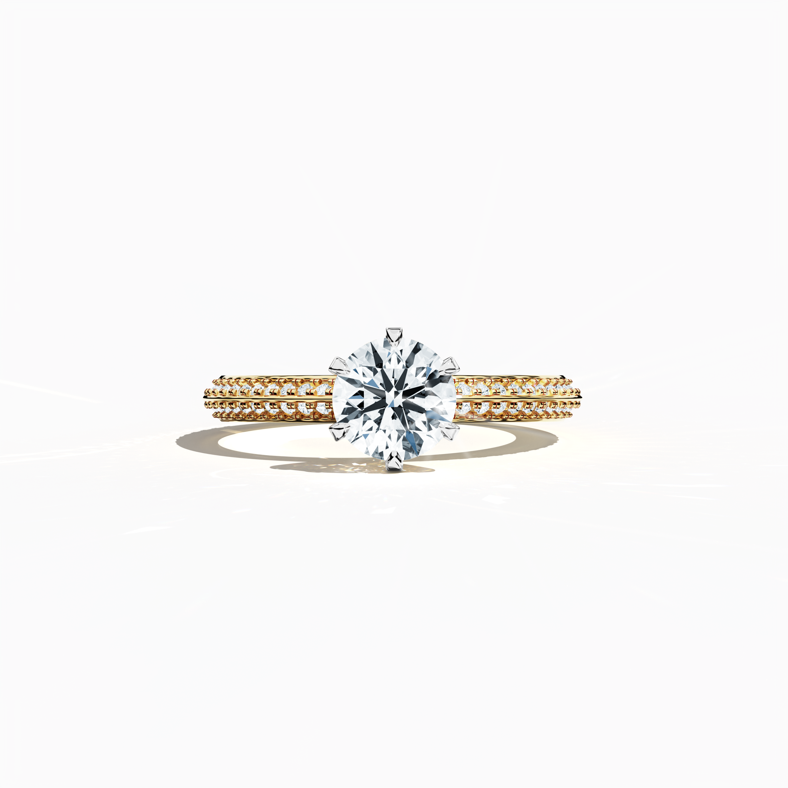 Solitaire paved ring with 1.40  карат total diamonds – featuring a 1  карат center diamond and 0.40  карат pavé side stones – set in a rich жёлтое золото band with a modern two‑step design and a sharp central line. Shown in a sleeping front view on a flat surface, this fine Украшения/fine Ювелирные изделия ring radiates warm, classic brilliance.
