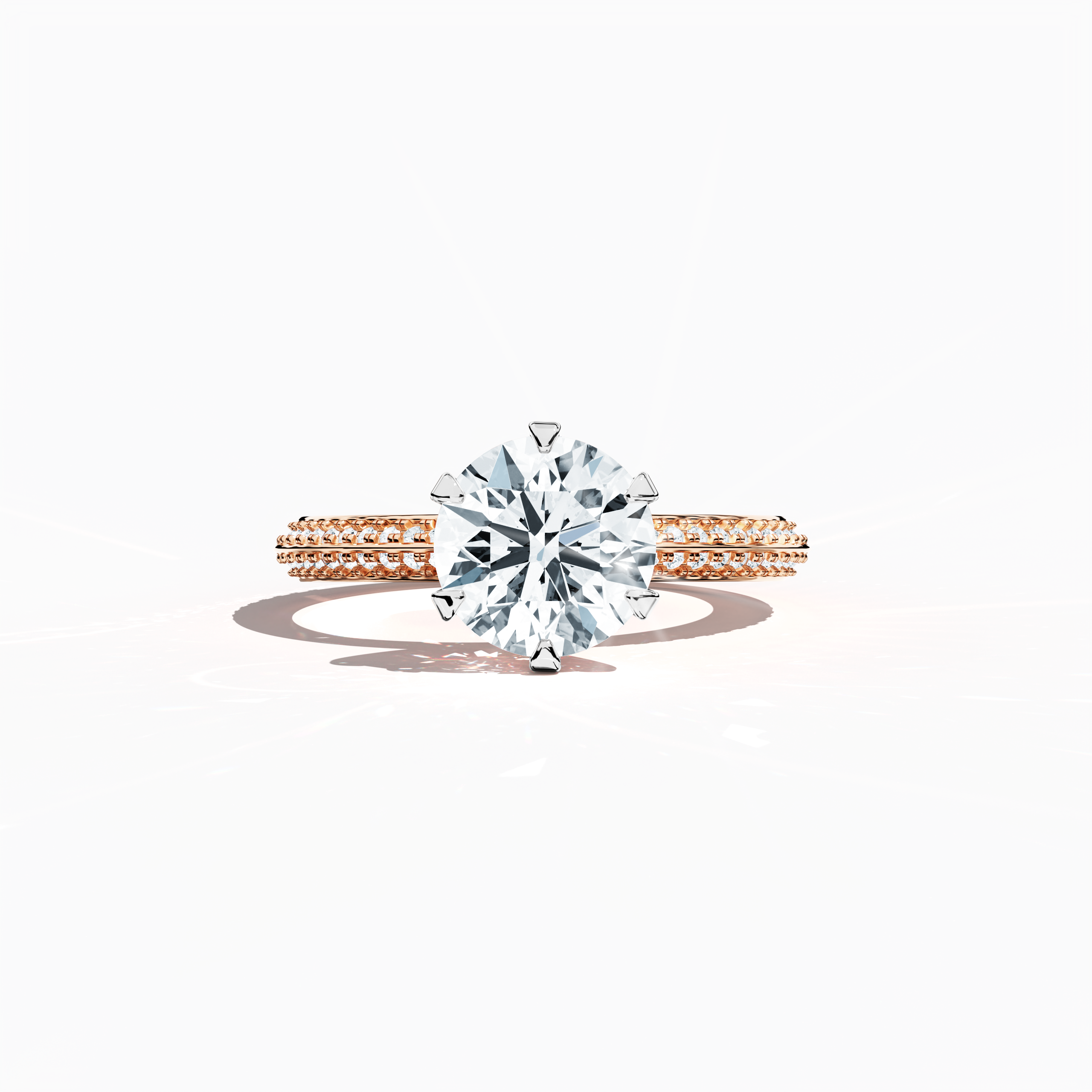 Solitaire paved ring with 2.40  карат total diamonds—featuring a 2  карат center diamond and 0.40  карат pavé side stones—set in a soft розовое золото band with a modern two‑step design and a sharp central line. Shown in a sleeping front view on a flat surface, this fine Украшения/fine Ювелирные изделия ring radiates a warm, romantic glow and refined elegance.