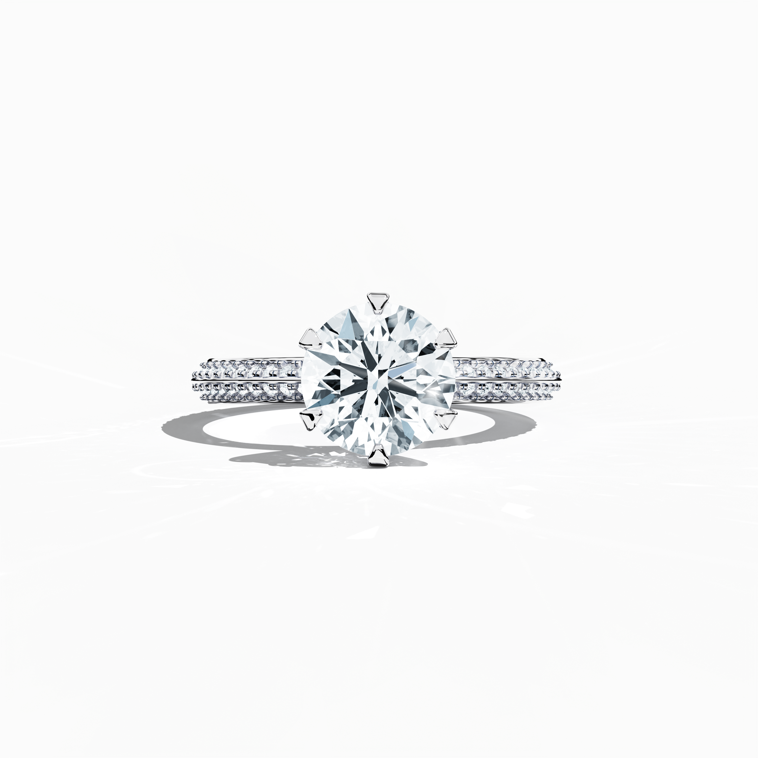 Solitaire paved ring with a total of 2.40  карат diamonds—featuring a 2  карат center diamond and 0.40  карат pavé side stones—set in a bright белое золото band with a modern two‑step design and a sharp central line. Shown in a sleeping front view on a flat surface, this fine Украшения/fine Ювелирные изделия ring radiates sleek sophistication and luminous brilliance.