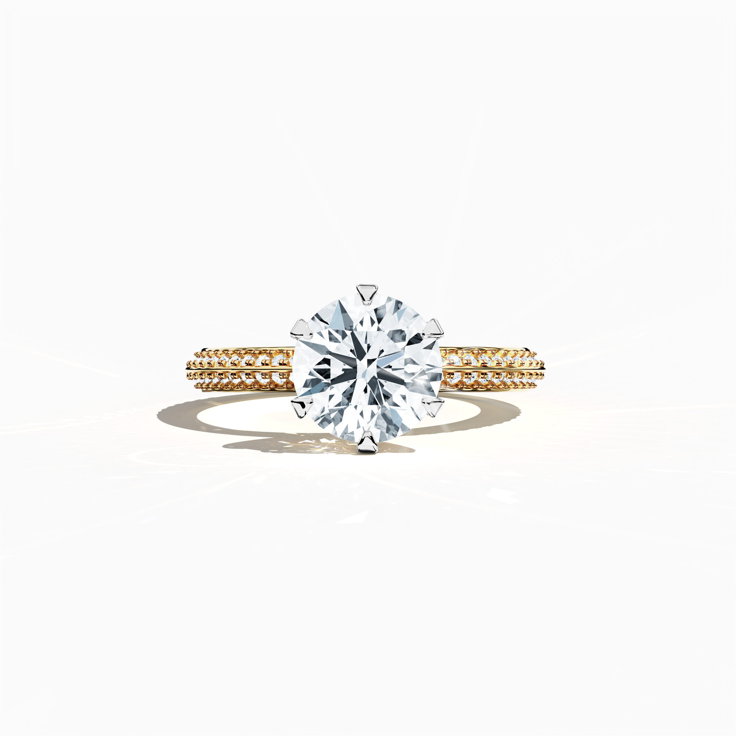 Solitaire paved ring with a total of 2.40  карат diamonds—featuring a 2  карат center diamond and 0.40  карат pavé side stones—set in a rich жёлтое золото band with a modern two‑step design and a sharp central line. Shown in a sleeping front view, this fine Украшения/fine Ювелирные изделия ring exudes warm, classic brilliance and refined sparkle.