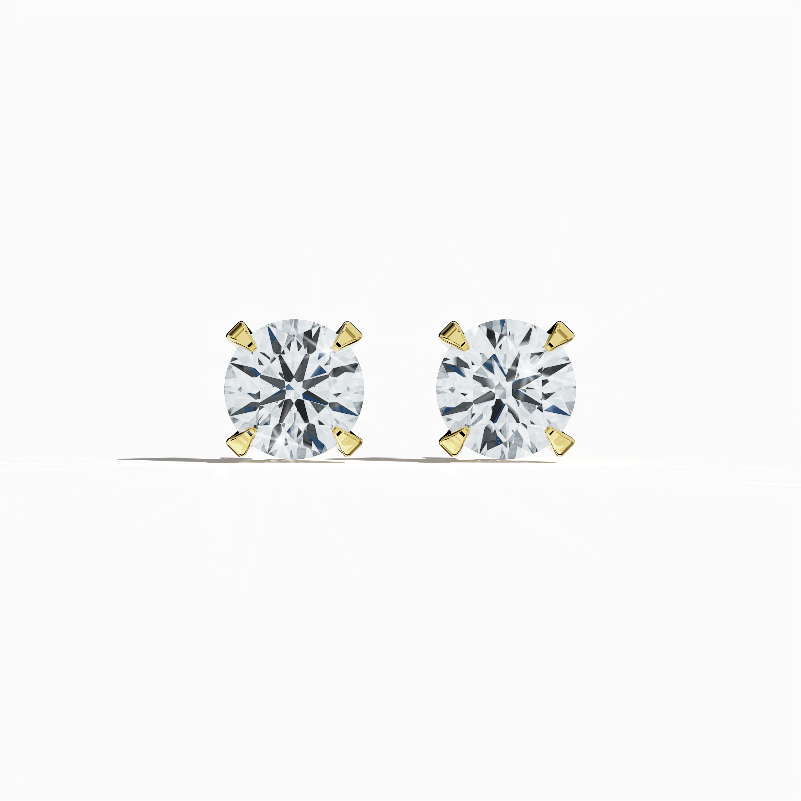 Front view of 2 carat natural diamond earring in 18k жёлтое золото with nail prong setting; diamond stud, 2ct solitaire diamond, luxury fine Украшения/fine Ювелирные изделия ear accessory.