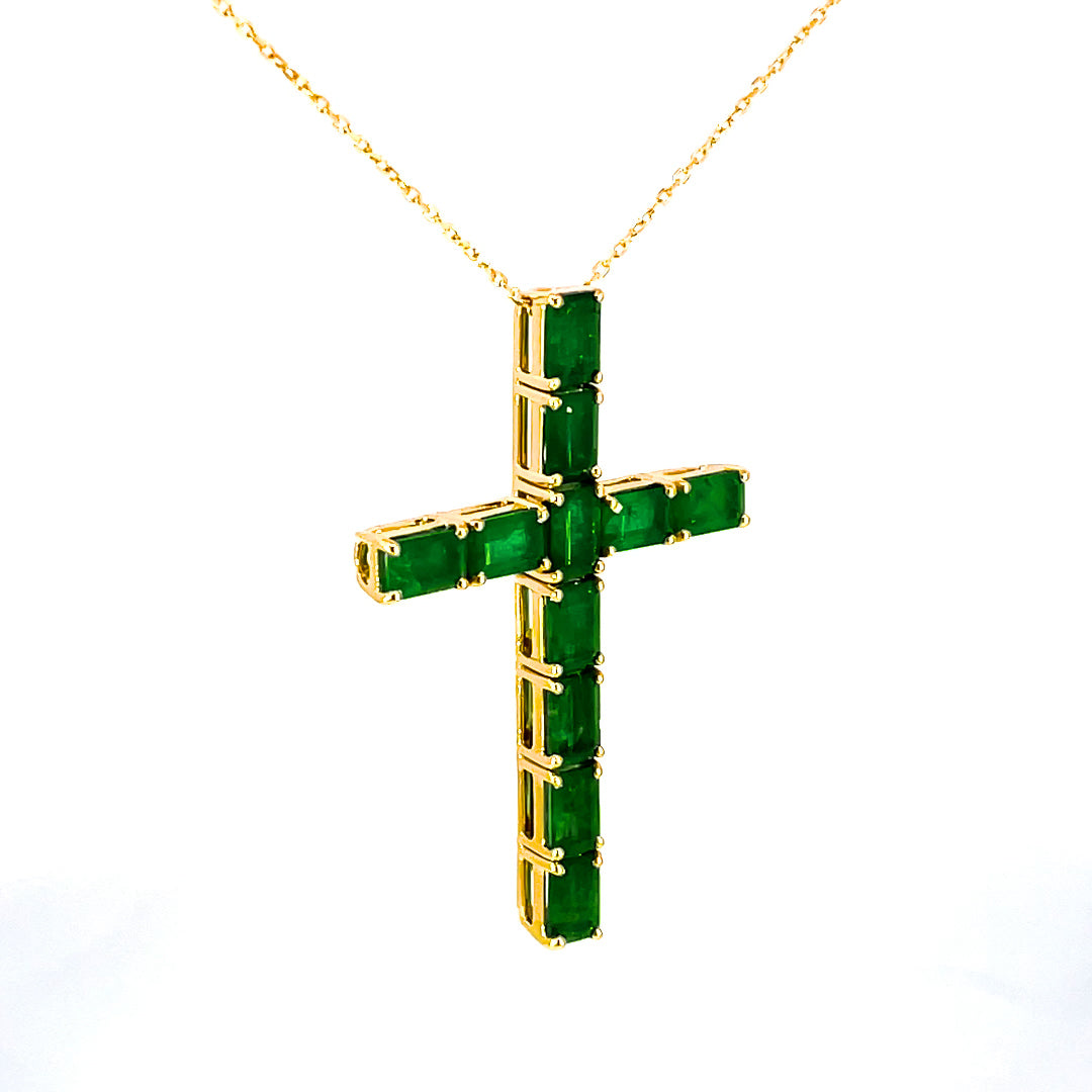 Green Emerald Cross Pendant showing 6.05 carat natural Zambian emeralds in cross design 18K white gold
