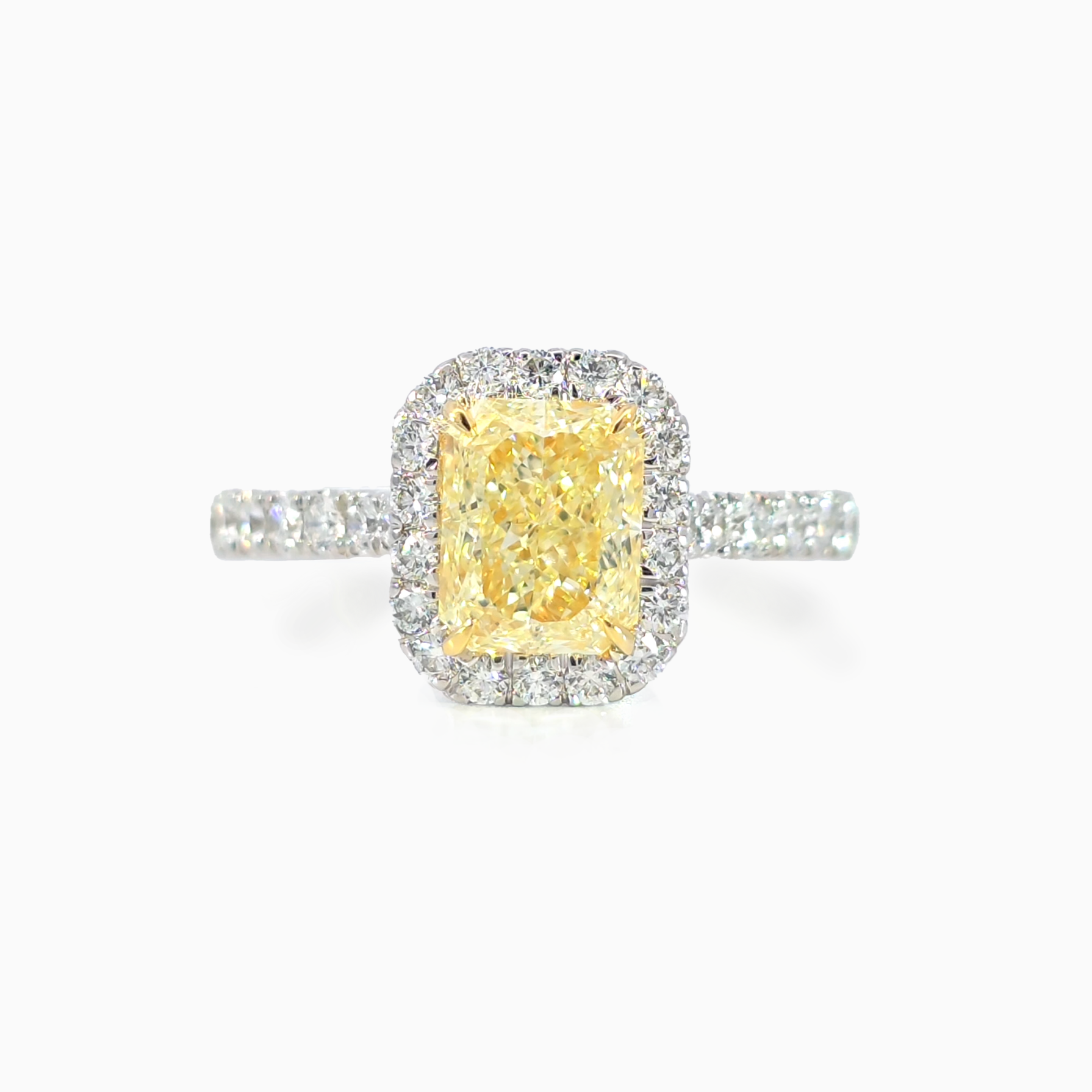 Halo Yellow Diamond Radiant Ring 2.21 carat total 1.53 carat center Y-Z color VS clarity 18K white gold Dubai
