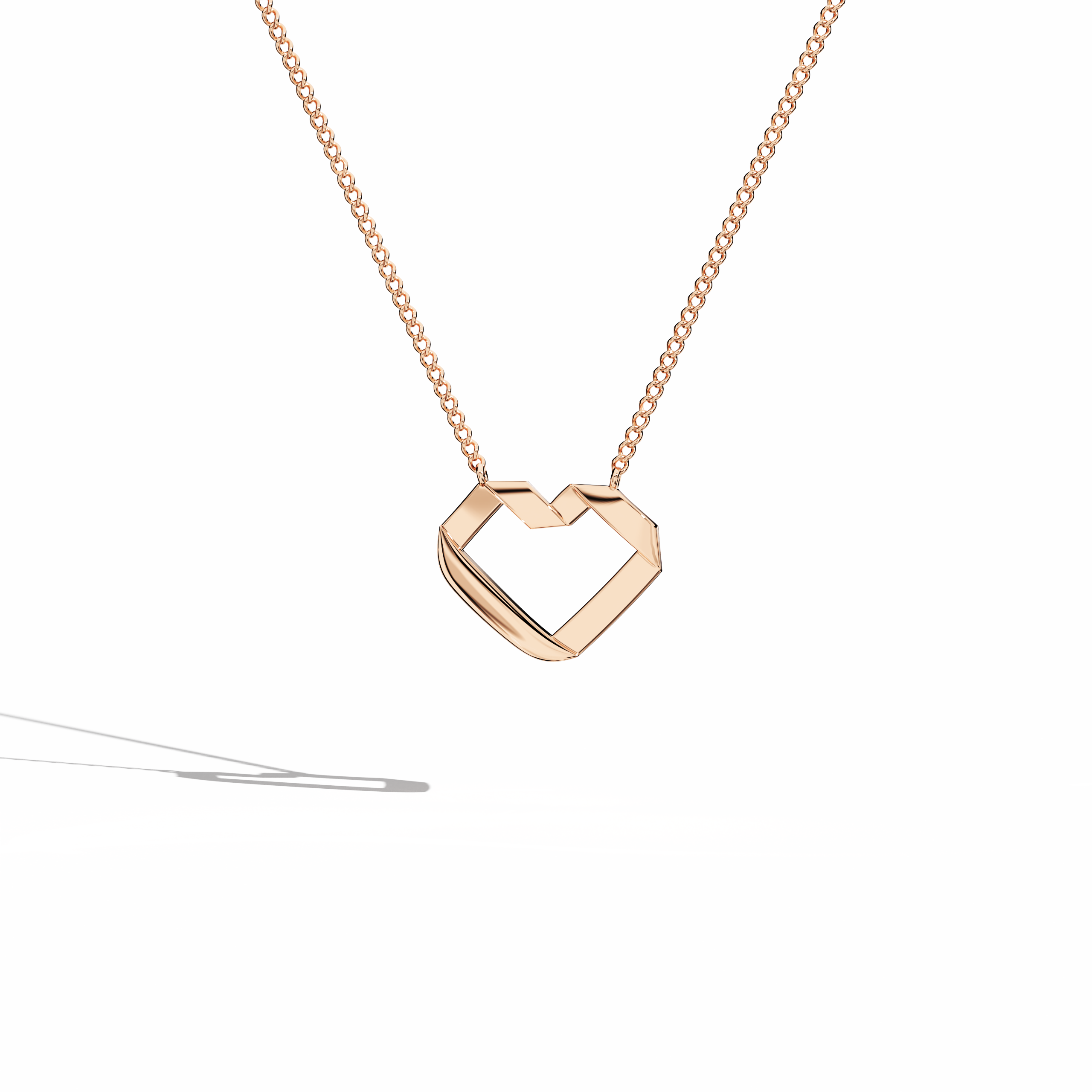 Front-facing view of a contemporary open-heart jewelry (also called jewellery, joias, bijoux, gioielli, schmuck) design in розовое золото (oro rosa, or rose, Roségold). This stylish piece, recognized as a heart-кулон, heart колье, love кулон, collier cœur, colgante de corazón, pendentif cœur, collana cuore, or Halskette Herz, merges soft blush tones with geometric flair. Its polished surface exudes warmth, perfect for daily wear or special events. Keywords: heart-кулон, розовое золото, jewelry.