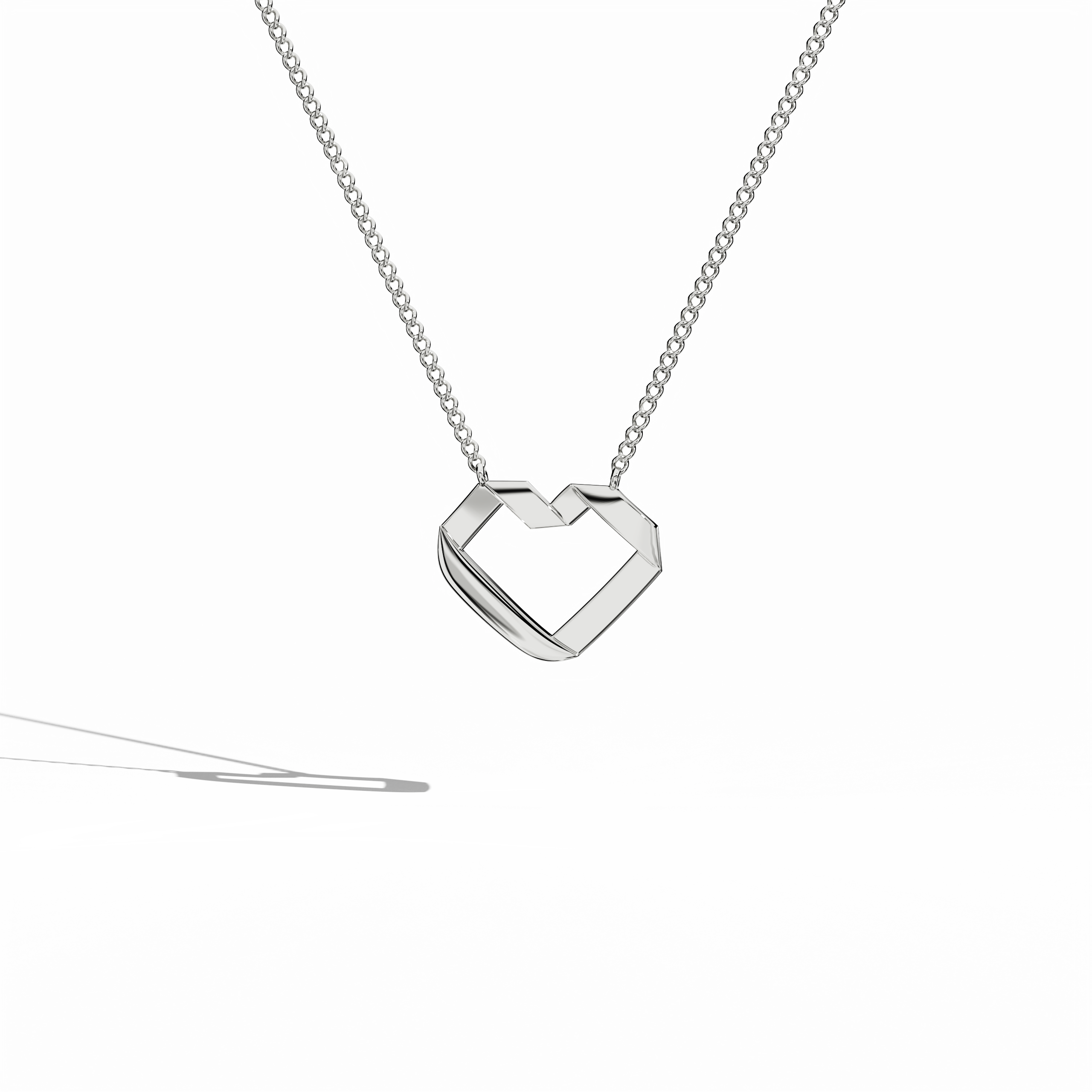 Front-facing view of a contemporary open-heart jewelry (also called jewellery, joias, bijoux, gioielli, schmuck) design in белое золото (oro blanco, or blanc, Weißgold). This sleek piece, recognized as a heart-кулон, heart колье, love кулон, collier cœur, colgante de corazón, pendentif cœur, collana cuore, or Halskette Herz, showcases geometric lines and timeless romance. The polished finish enhances its modern motif, ideal for daily wear or special occasions. Keywords: heart-кулон, белое золото.