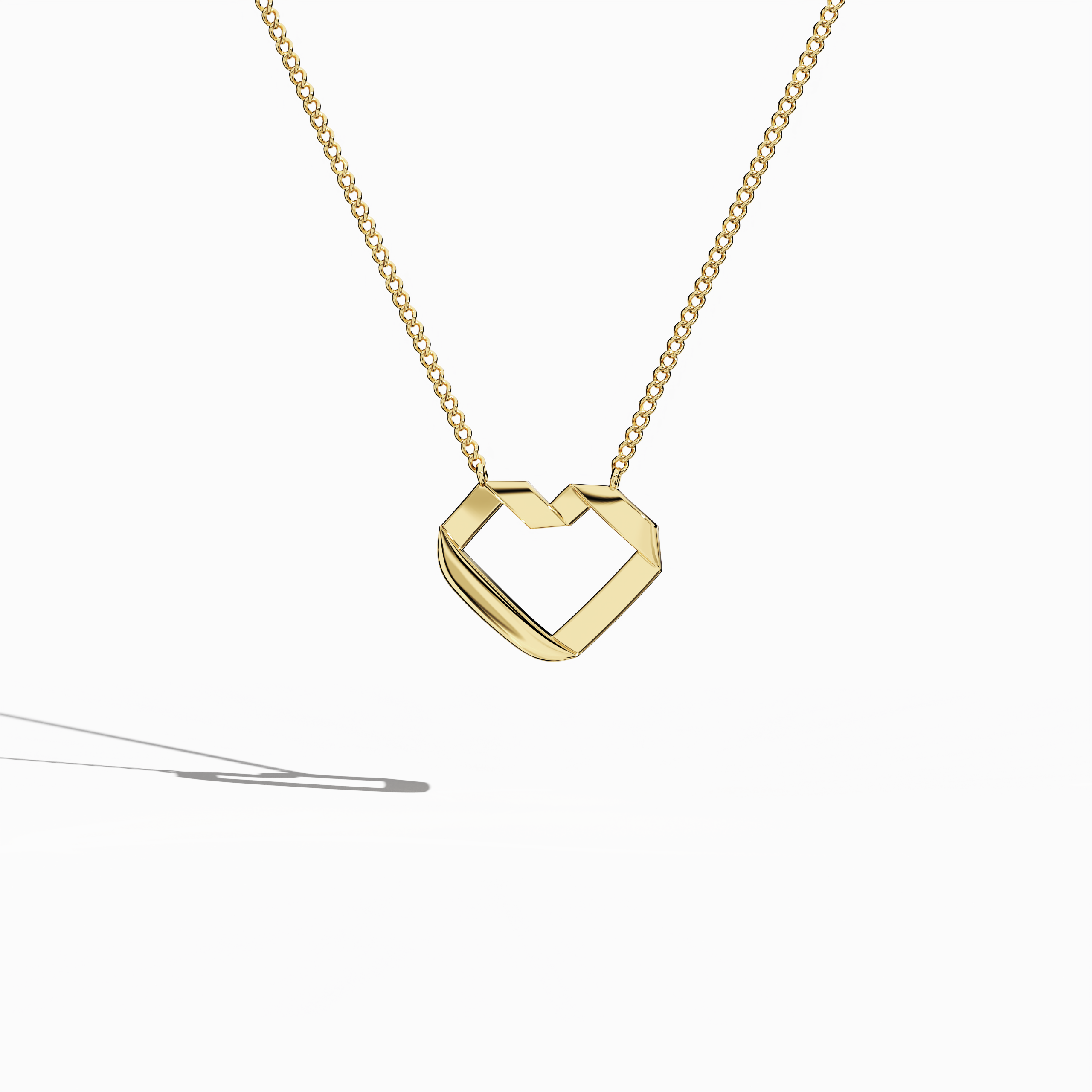 Front-facing view of a contemporary open-heart jewelry (also called jewellery, joias, bijoux, gioielli, schmuck) design in жёлтое золото (oro amarillo, or jaune, Gelbgold). This classic yet modern piece, known as a heart-кулон, heart колье, love кулон, collier cœur, colgante de corazón, pendentif cœur, collana cuore, or Halskette Herz, showcases bright luster and crisp angles. Its polished finish symbolizes timeless elegance, ideal for any occasion. Keywords: heart-кулон, жёлтое золото, jewelry.