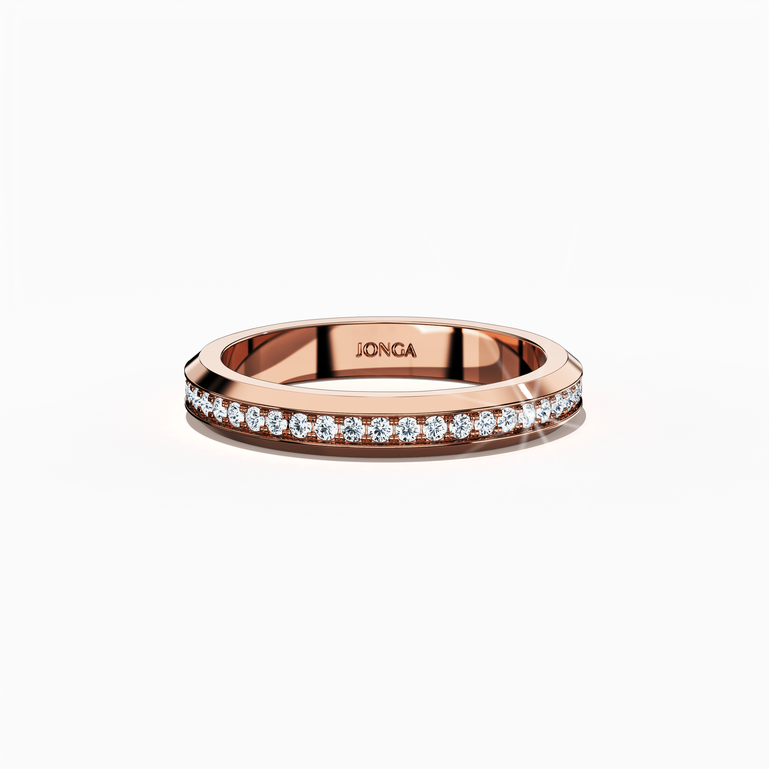 Detailed view of a розовое золото paved band photographed from a sleeping front top angle, accentuating its central pavé motif rendered in full pave, scattered pave, and cluster pave styles. The band’s radiant розовое золото center—known in refined design as “rosé gold” or “blush gold”—contrasts with its smooth glossy perimeter, showcasing modern elegance and impeccable artisanal skill. Keywords: elegant, luxurious, refined, intricate, contemporary design.