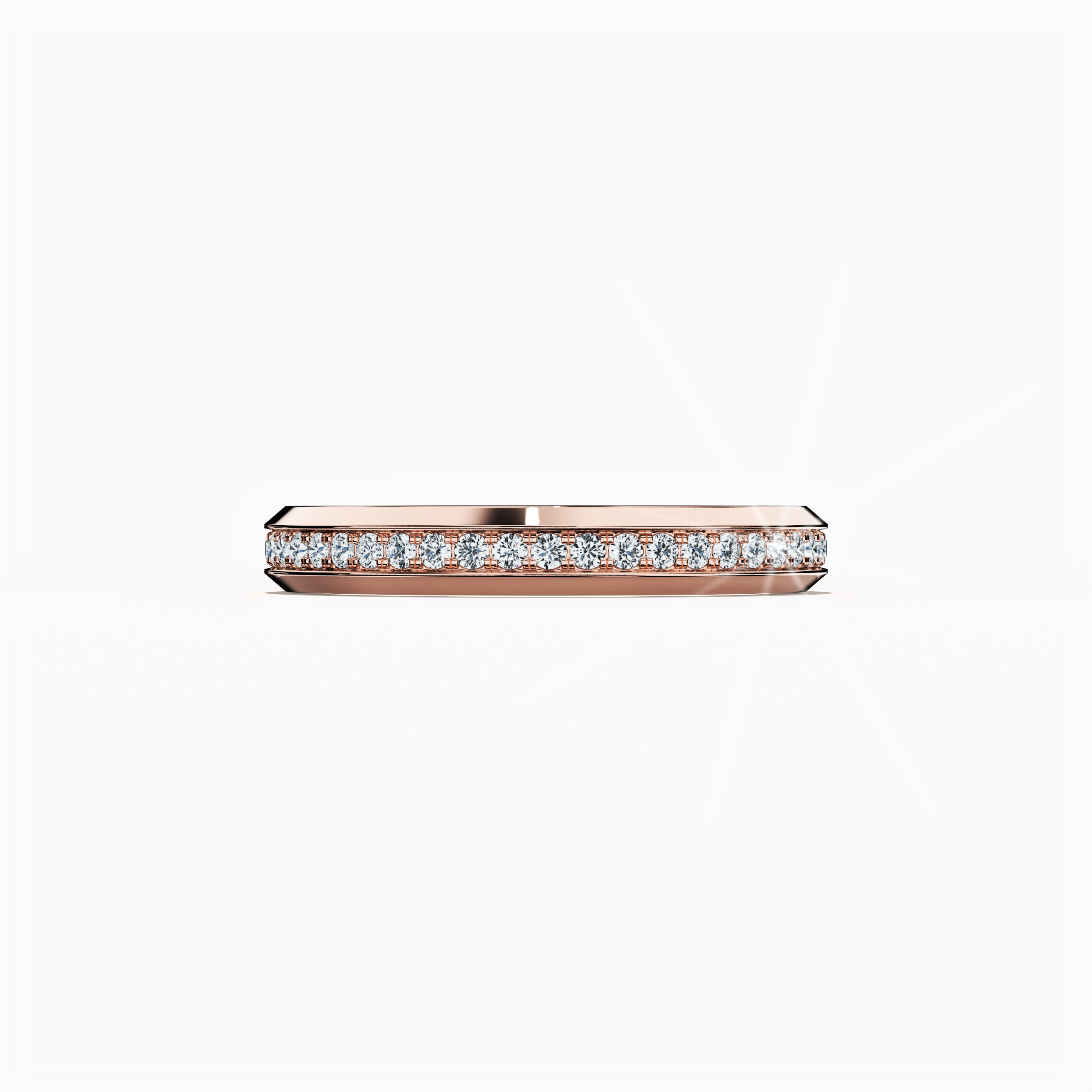 Image of a captivating розовое золото paved band captured from a serene sleeping front view. This elegant ring presents a meticulously designed central section employing pavé, full pave, scattered pave, and cluster pave techniques. The warm розовое золото, admired as “rosé gold” or “blush gold,” glows against a lustrous glossy finish, accentuating intricate detailing and refined craftsmanship. Keywords: sophisticated, luxurious, contemporary, graceful, exquisite design.