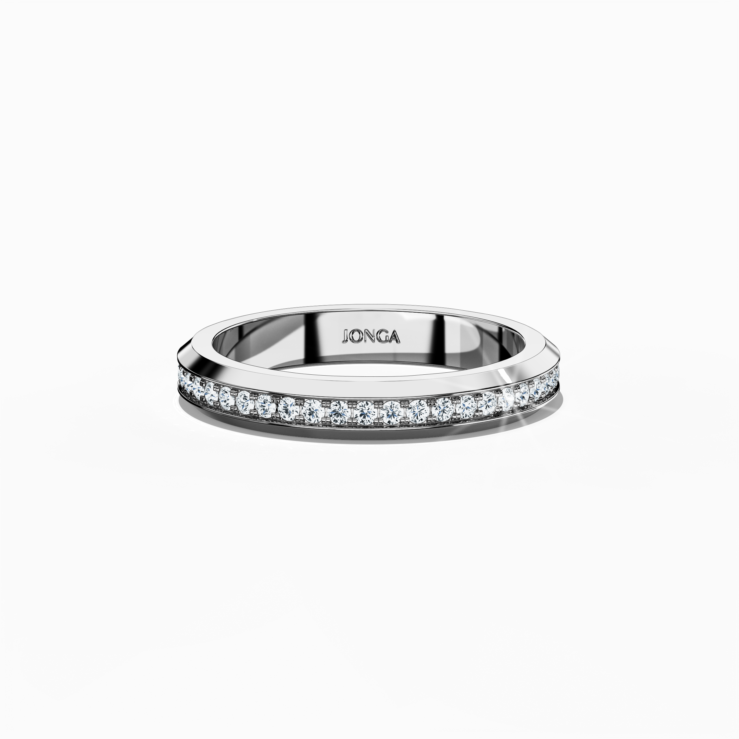 белое золото Paved Band – Sleeping Front Top View: Showcasing a brilliant paved center with meticulous micro‐pavé detailing, this ring’s high‐gloss finish on a luminous белое золото band (refined luminous alloy) highlights full pave, eternity, and scattered pavé accents. The design exudes refined modern elegance and enduring luxury, drawing on varied international design terminology. Keywords: белое золото, pavé, micro‐pavé, glossy, luxury, elegant, contemporary.
