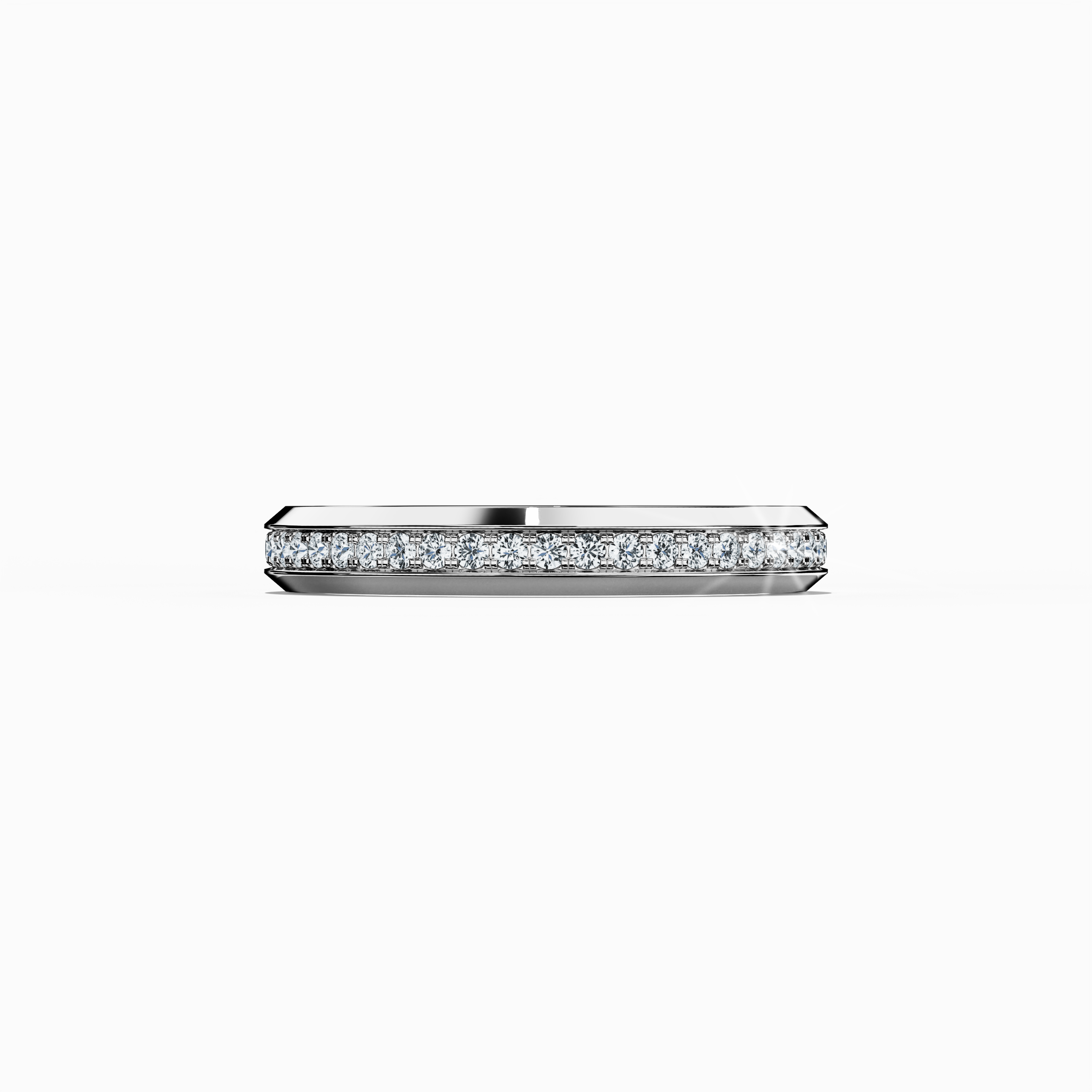белое золото Paved Band – Sleeping Front Top View: Showcasing a brilliant paved center with meticulous micro‐pavé detailing, this ring’s high‐gloss finish on a luminous белое золото band (refined luminous alloy) highlights full pave, eternity, and scattered pavé accents. The design exudes refined modern elegance and enduring luxury, drawing on varied international design terminology. Keywords: белое золото, pavé, micro‐pavé, glossy, luxury, elegant, contemporary.