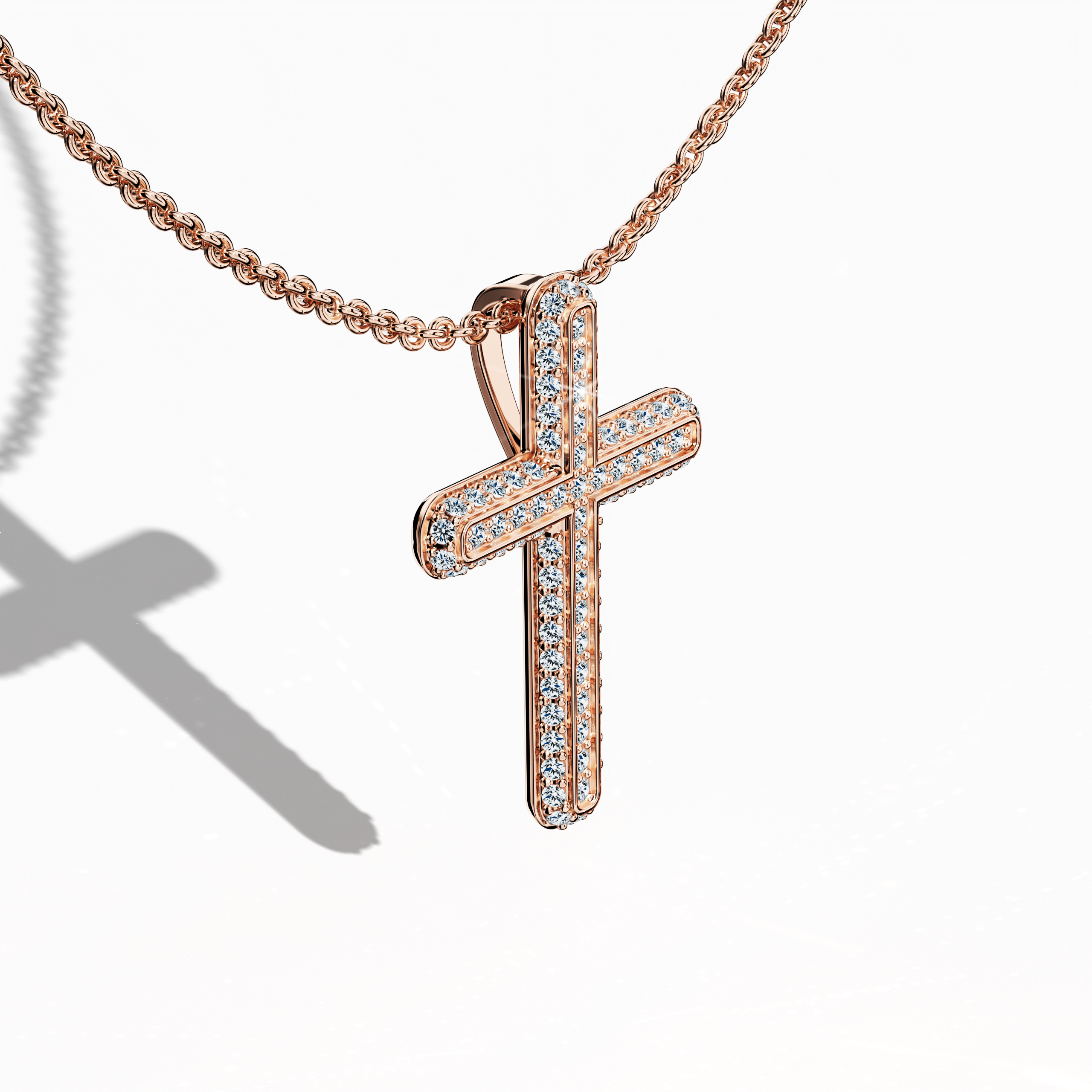 Front top side view of a paved cross pendant in radiant розовое золото, often referred to as pink or blush gold across regions. Showcasing 0.40 carat of diamonds in a pavé arrangement, this piece highlights the cross’s subtle dimensions from an angled perspective. Its polished finish exudes warmth and sophistication.
Keywords: paved cross, розовое золото, diamond setting, modern elegance.