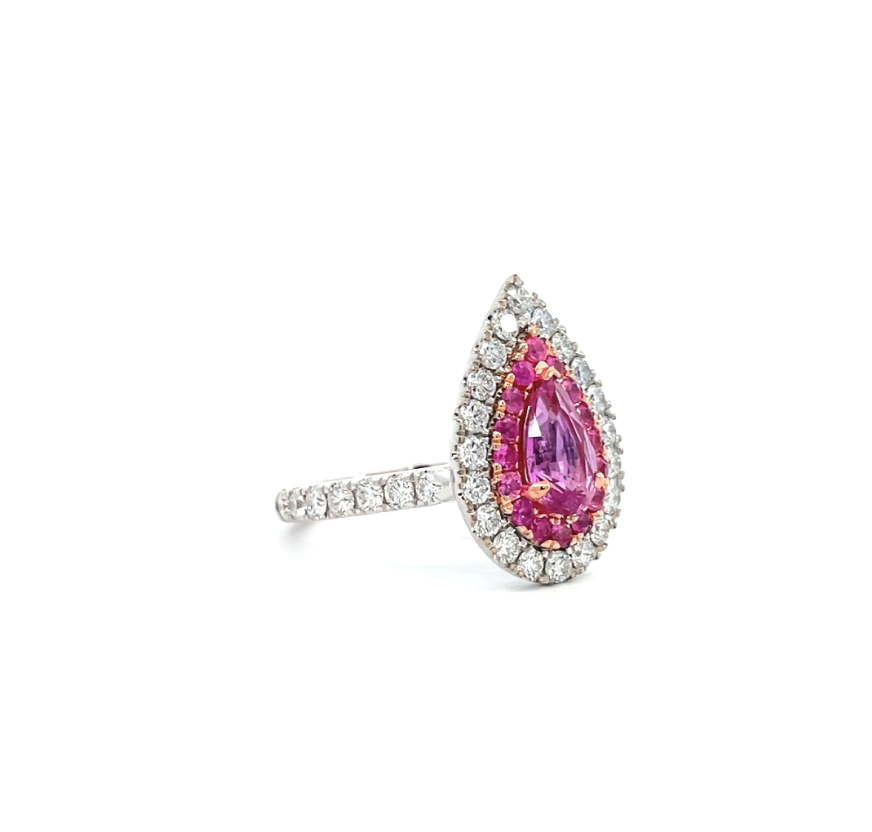 Double Halo Pear Ring showing 1.60 carat pear cut pink sapphire with double halo pave diamonds 18K white gold
