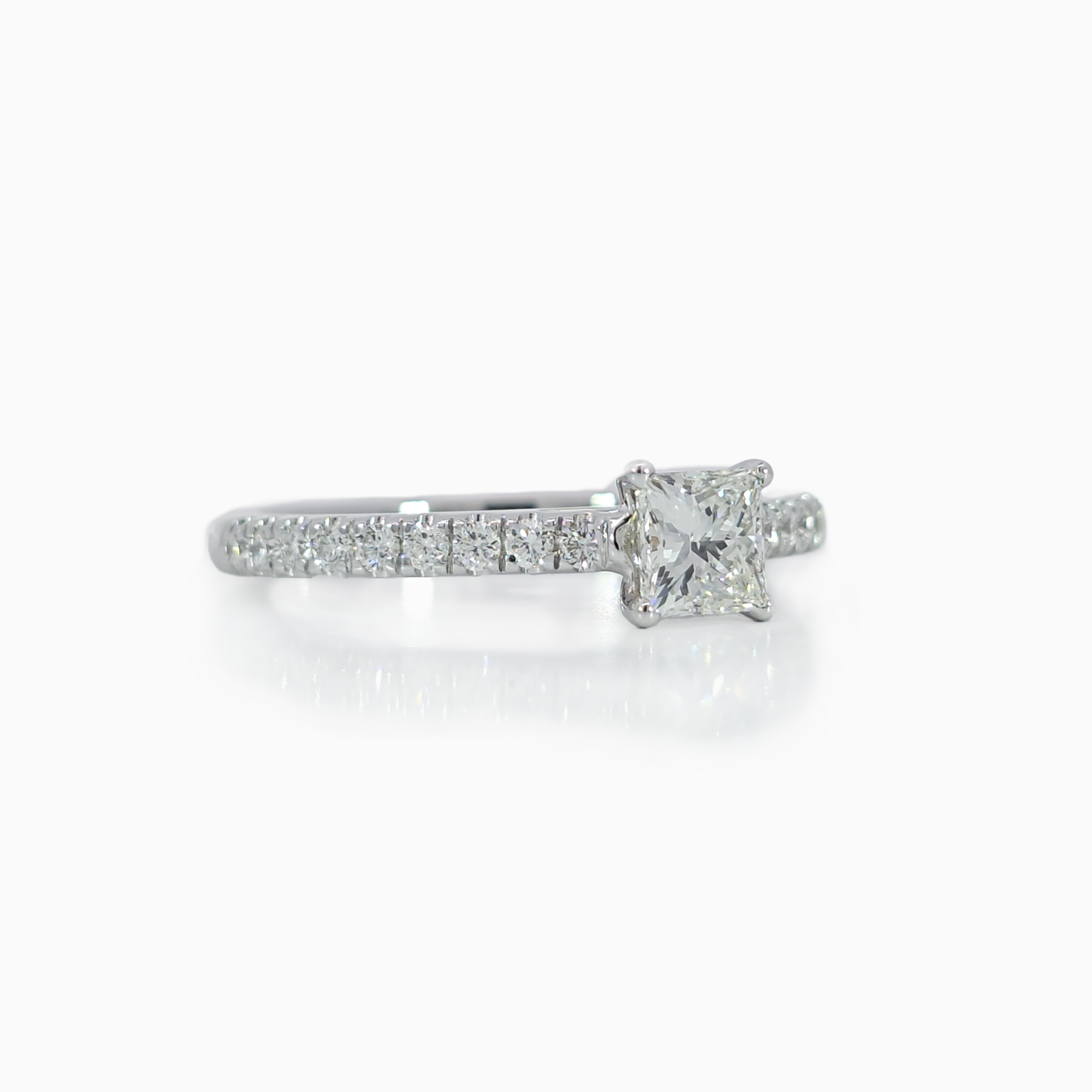 Princess Pave Ring side view 0.50 carat princess cut center diamond with pave setting 18K white gold
