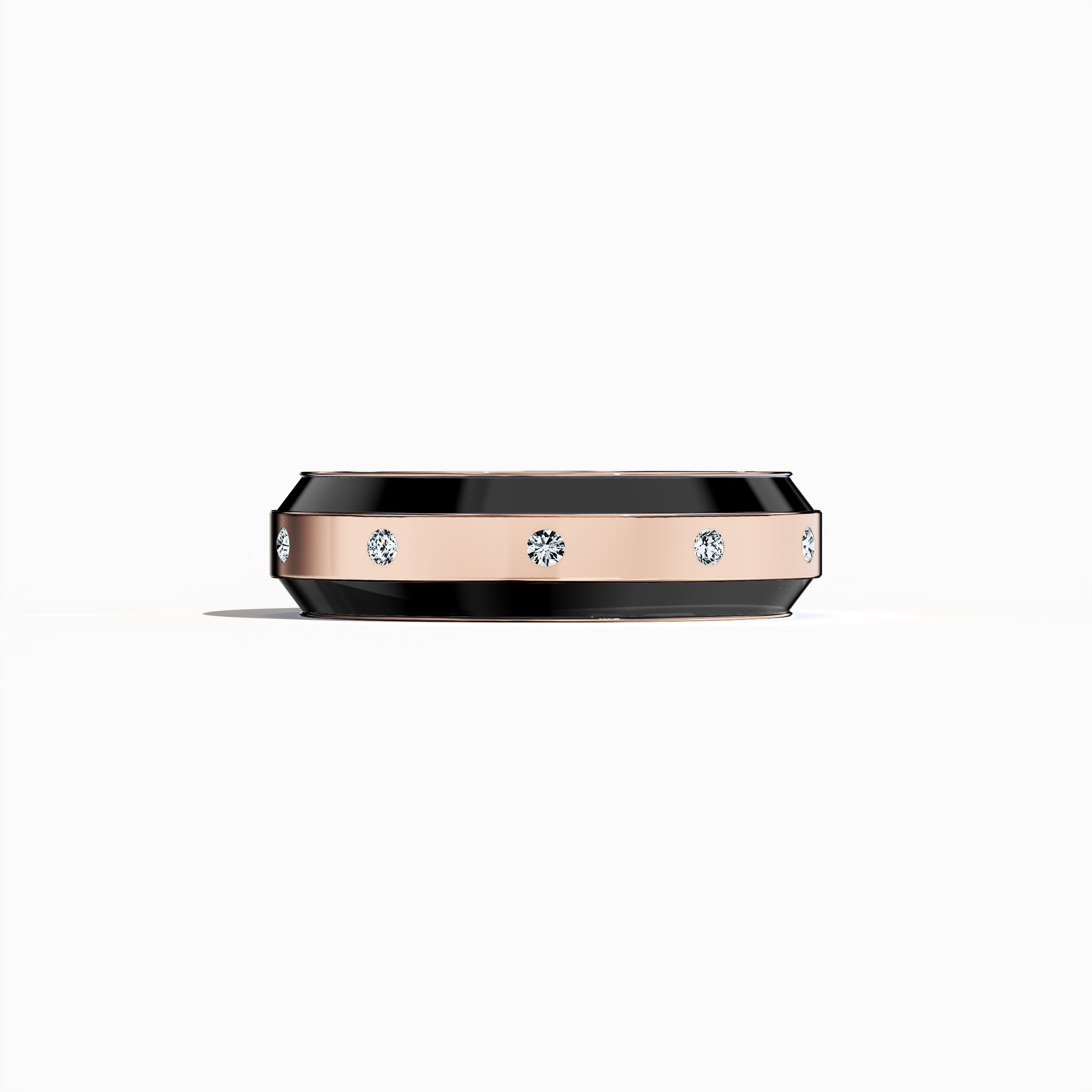 Exquisitely designed in rose gold with deep black enamel, this nine‐diamond ring presents a glossy finish and a centerline of shimmering diamonds (up to 0.30 carats). Also known as “Gilded Grace,” “Luminous Legacy,” and “Vintage Elegance,” its refined aesthetic merges contemporary style with classic allure. Captured from a sleeping front view, the image highlights meticulous detailing, luxurious polish, and keywords: luxury, designer, handcrafted, fine jewelry.