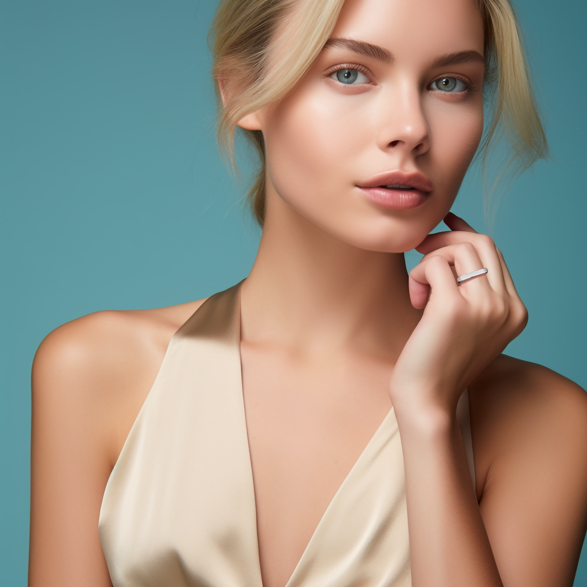 This refined image shows a белое золото wedding band gracefully worn on her finger. Featuring a simple design with a glossy finish on its 2.5 мм width, the band is rendered in minimalist, plain, classic, timeless, and understated wedding band styles and is alternatively known as luminous white, sterling white, or modern белое золото. Its polished surface gleams in soft light, epitomizing refined elegance and modern artistry. Keywords: wedding band, белое золото, glossy finish, minimalist, elegant design.