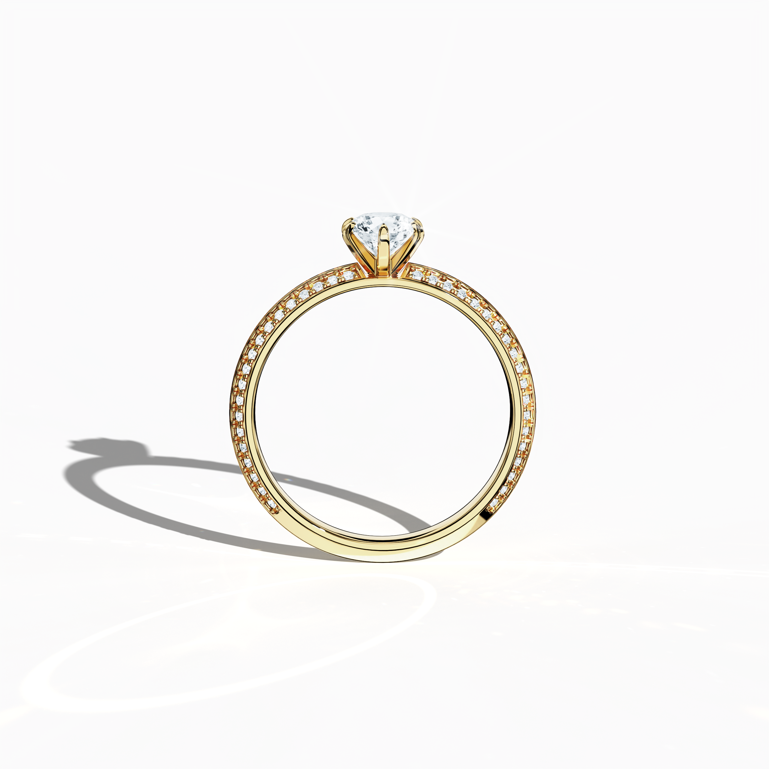 Classic solitaire diamond ring with a total of 0.90 ct diamonds – 0.50 ct center and 0.40 ct pavé side stones – set in a rich yellow gold band with a distinctive two‑step band design and a crisp central line. Displayed in a front view, this fine jewelry/fine jewellery ring exudes timeless luxury and warm sophistication.