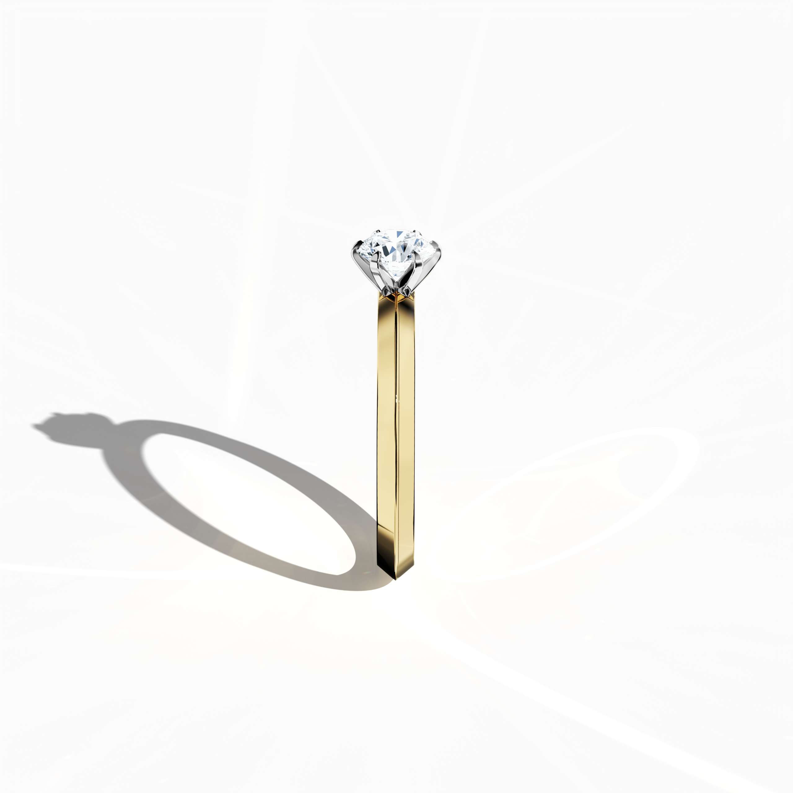 Solitaire diamond ring with a 0.50ct center stone in a six-baby claw prong setting and a dual-level band with a sharp central line, presented in a rich жёлтое золото band (classic gold). Photographed from a standing side view, it emphasizes the ring’s elegant contours and sophisticated design as a premium fine Украшения/fine Ювелирные изделия piece.