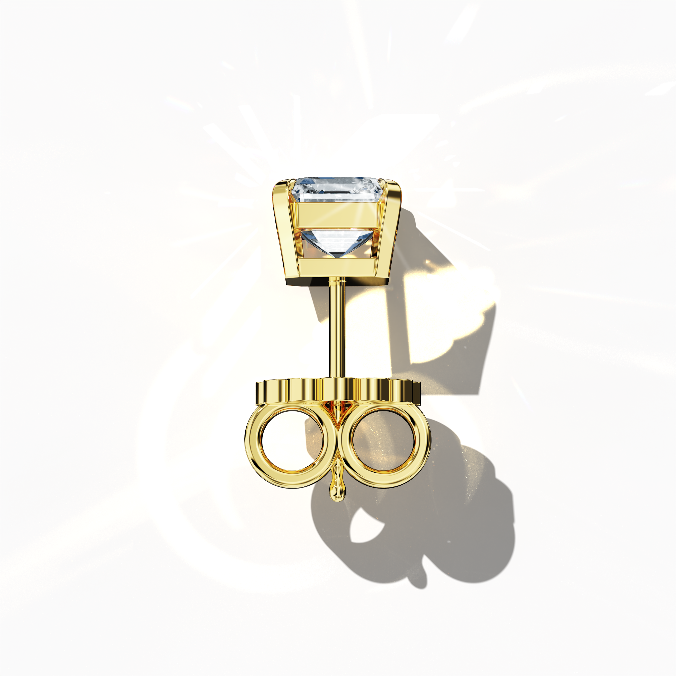 Top view of 1-carat natural diamond earring in 18k жёлтое золото with nail prong setting; features an Asscher cut diamond (also referred to as square emerald cut or step cut diamond in certain markets) – luxury fine Украшения/fine Ювелирные изделия ear accessory.