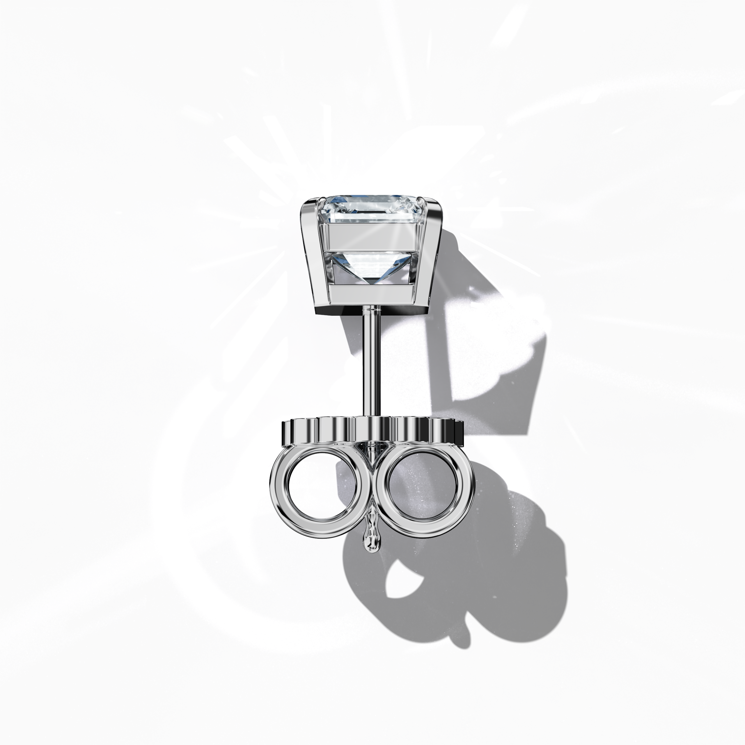 Top view of 1-carat natural diamond earring in 18k белое золото with nail prong setting; features an Asscher cut diamond (also referred to as square emerald cut or step cut diamond in certain markets) – luxury fine Украшения/fine Ювелирные изделия ear accessory.