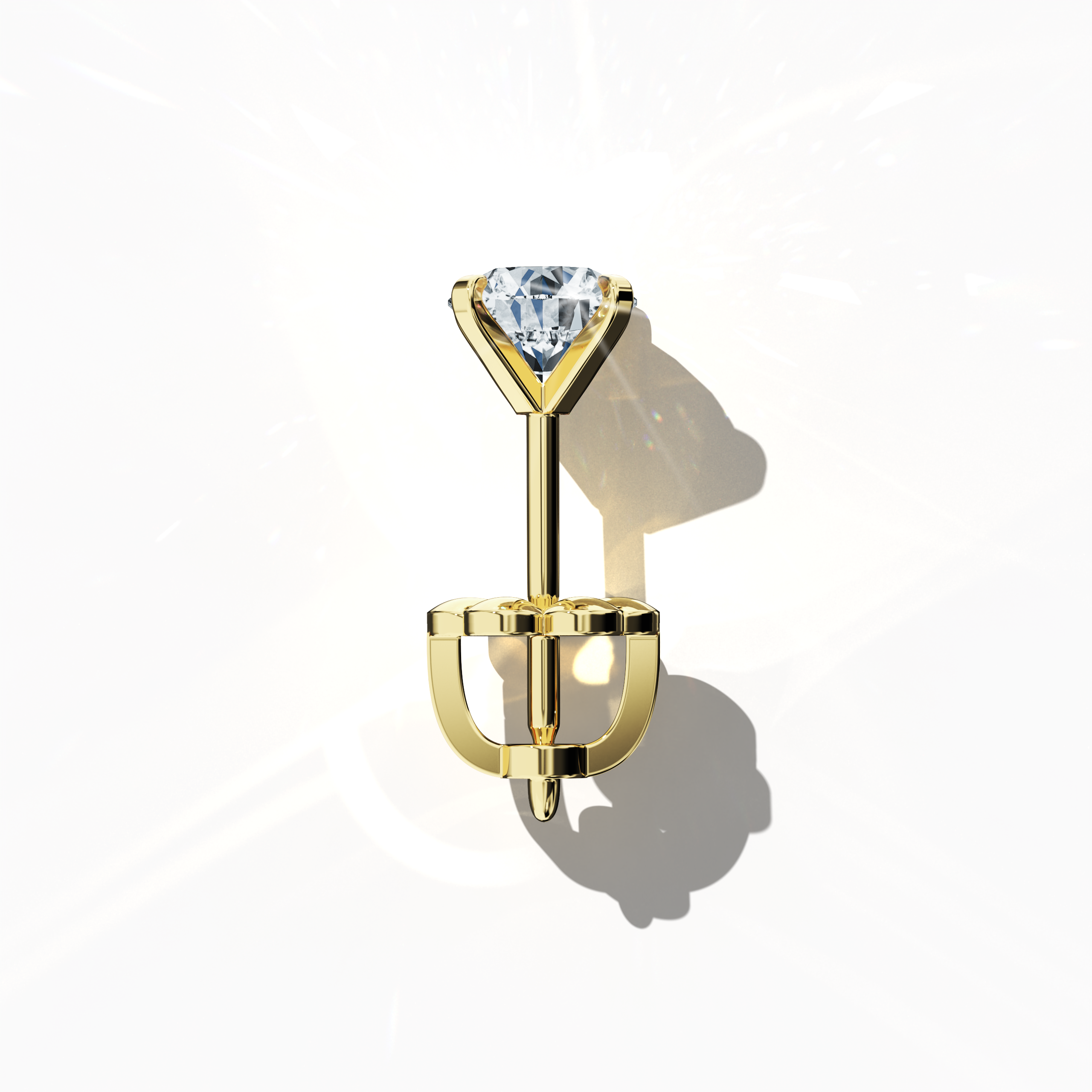 Top view of 1 carat natural diamond earring in 18k жёлтое золото with nail prong setting; diamond stud, 1ct solitaire diamond, luxury fine Украшения/fine Ювелирные изделия ear accessory.