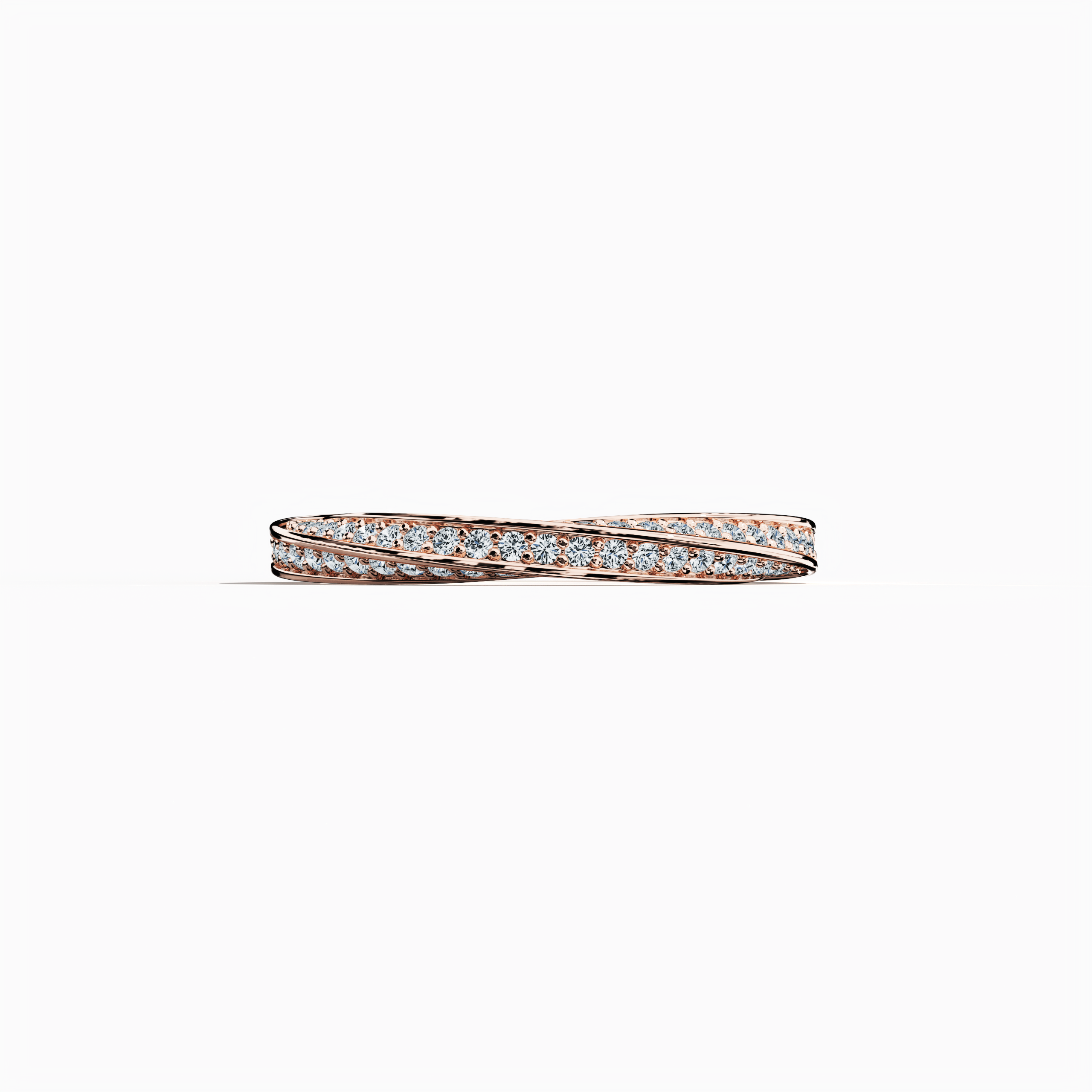 This image features a rose gold twisted diamond band in a ring sleeping front view, presenting an enchanting spiral design enhanced by a stunning 1.05 carat diamond. The ring’s helix, twisted, and interwoven facets evoke exquisite artistry and sophisticated allure. Known also as rosy or pink gold in various markets, this luxurious design exemplifies modern elegance and refined craftsmanship, merging classic romance with contemporary style. Keywords: rose gold, twisted, diamond, elegant, luxury, modern.


