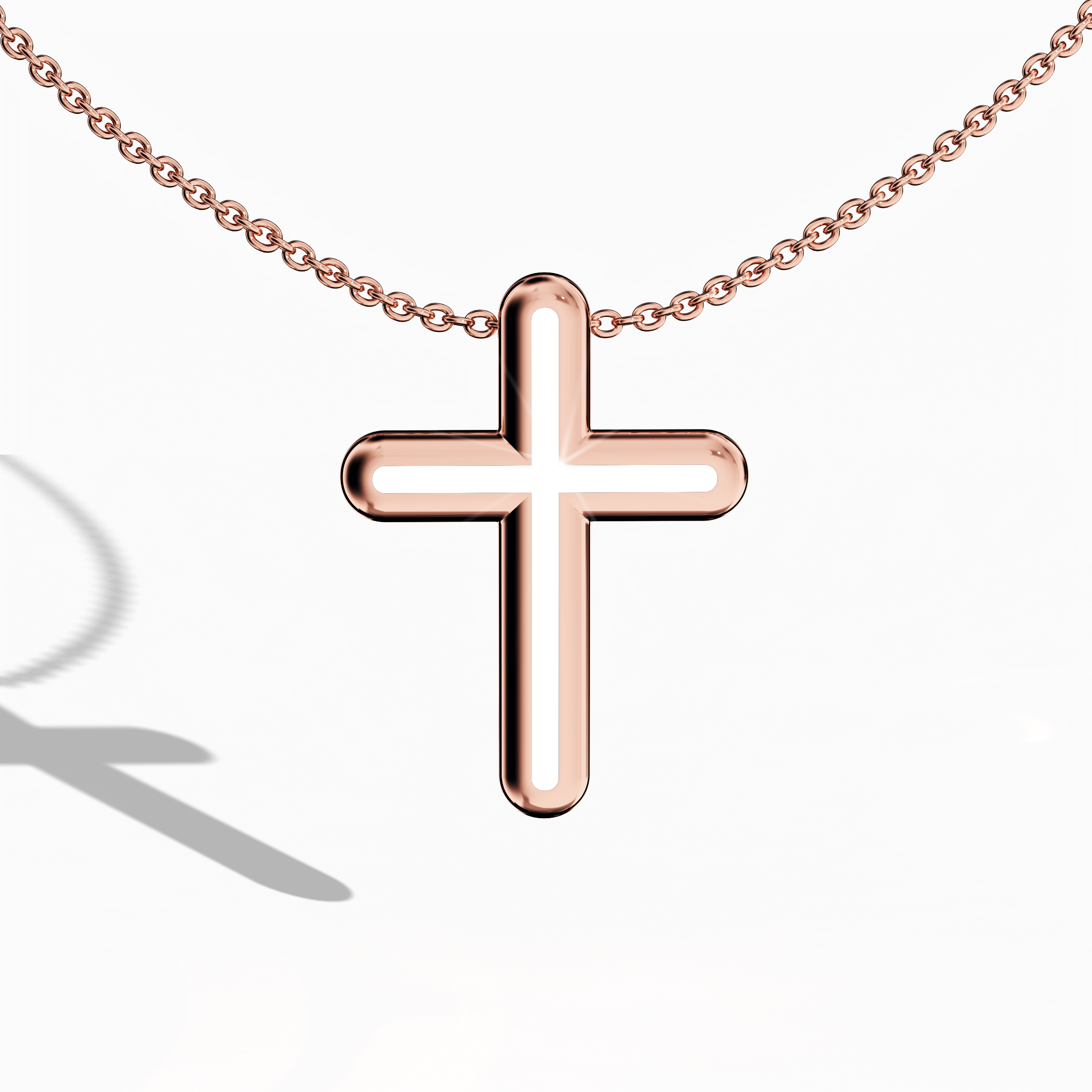 Front view of a center enamel cross pendant in luminous розовое золото, sometimes referred to as pink or blush gold in various locales. The crisp white enamel, also known as pearl or ivory enamel, defines a design recognized as multi-tier or layered cross. Its polished finish offers a gentle contrast, blending spiritual heritage with graceful modernity. Keywords: enamel cross, розовое золото, white enamel, elegant design.