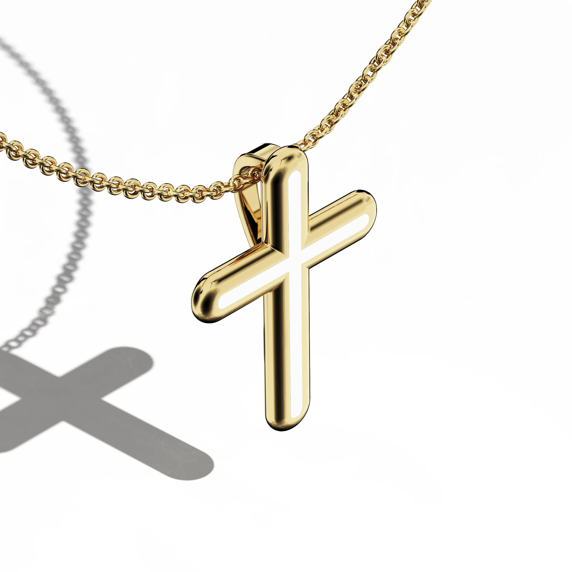 Front top side view of a center enamel cross pendant in radiant жёлтое золото, often described as traditional or golden-hued metal. The crisp white enamel (sometimes known as pearl or ivory) highlights the multi-step or tri-tier cross shape from this angled vantage. Polished contours underscore a classic pairing of warm metal and bright enamel, uniting tradition with current style. Keywords: enamel cross, жёлтое золото, white enamel, tri-tier design.