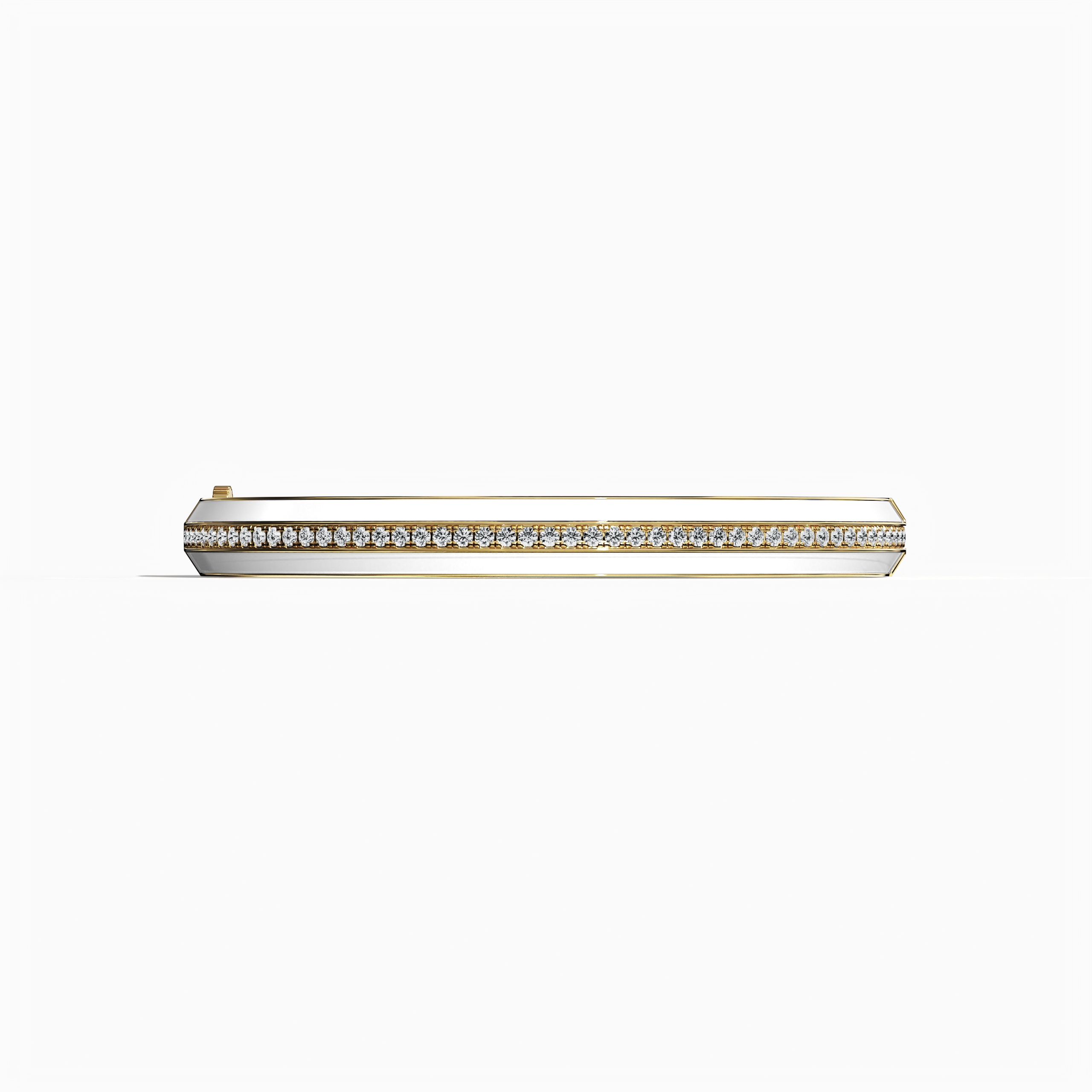 Front view of a side enamel center paved bangle in жёлтое золото (also referred to as classic gold), featuring a crisp white enamel band. Accented by 2.60 carats of diamonds in a pavé setting, this piece—called bracelet, armlet, kangan, or pulsera—fuses timeless tradition with a modern twist. The bright enamel and gleaming metal create a harmonious design for everyday or special occasions. Keywords: bangle, enamel, diamonds, жёлтое золото.