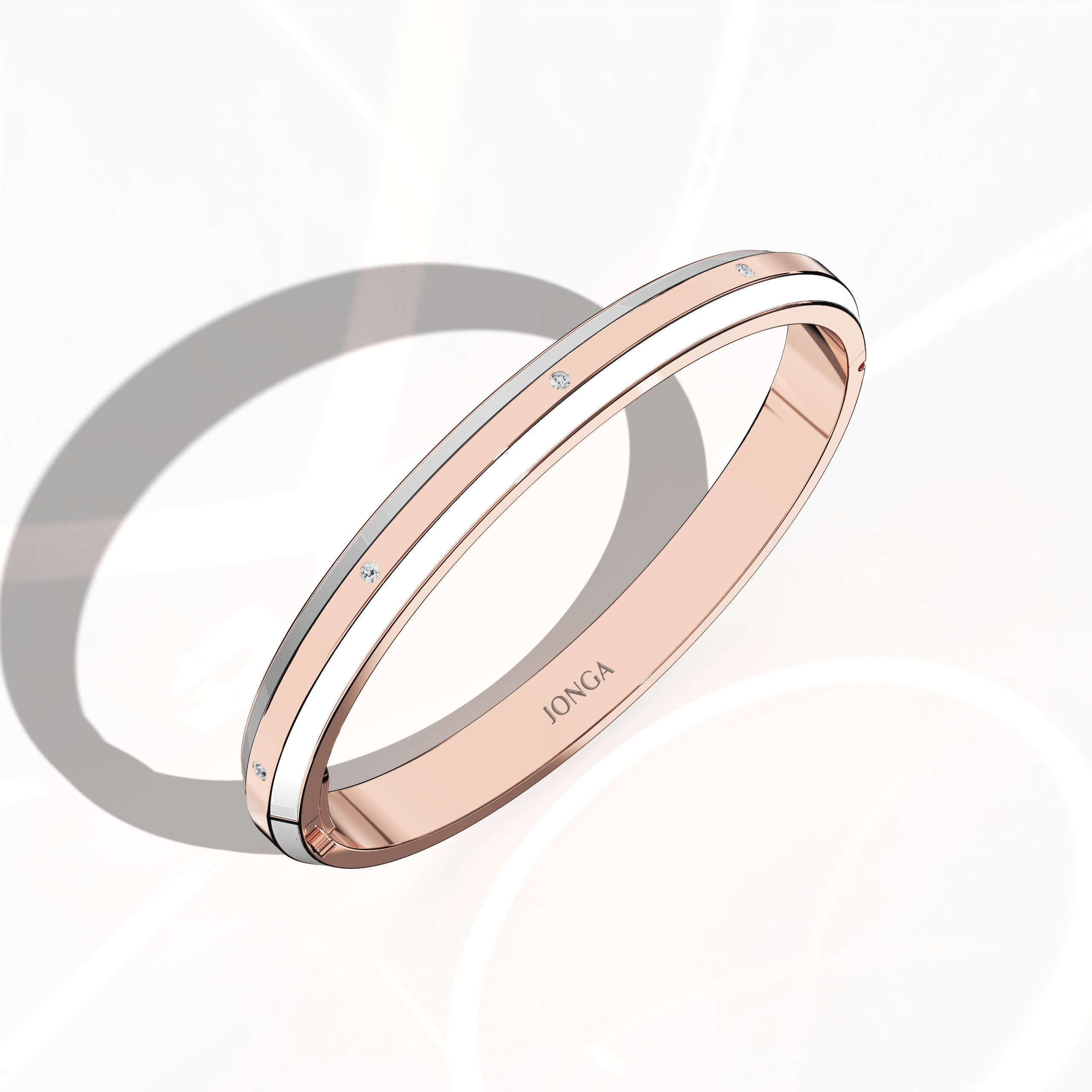 Standing front top side view of a side enamel 9-Diamonds bangle showcasing 0.25 carat total diamond weight in refined розовое золото—also described as pink gold, red gold, or blush gold. This versatile piece, recognized as a diamond-encrusted bracelet, kada, or armlet, has a glossy white enamel trim—pearl or ivory toned—framing nine radiant diamonds. Keywords: diamond bangle, розовое золото, white enamel, 9 diamonds, unisex.