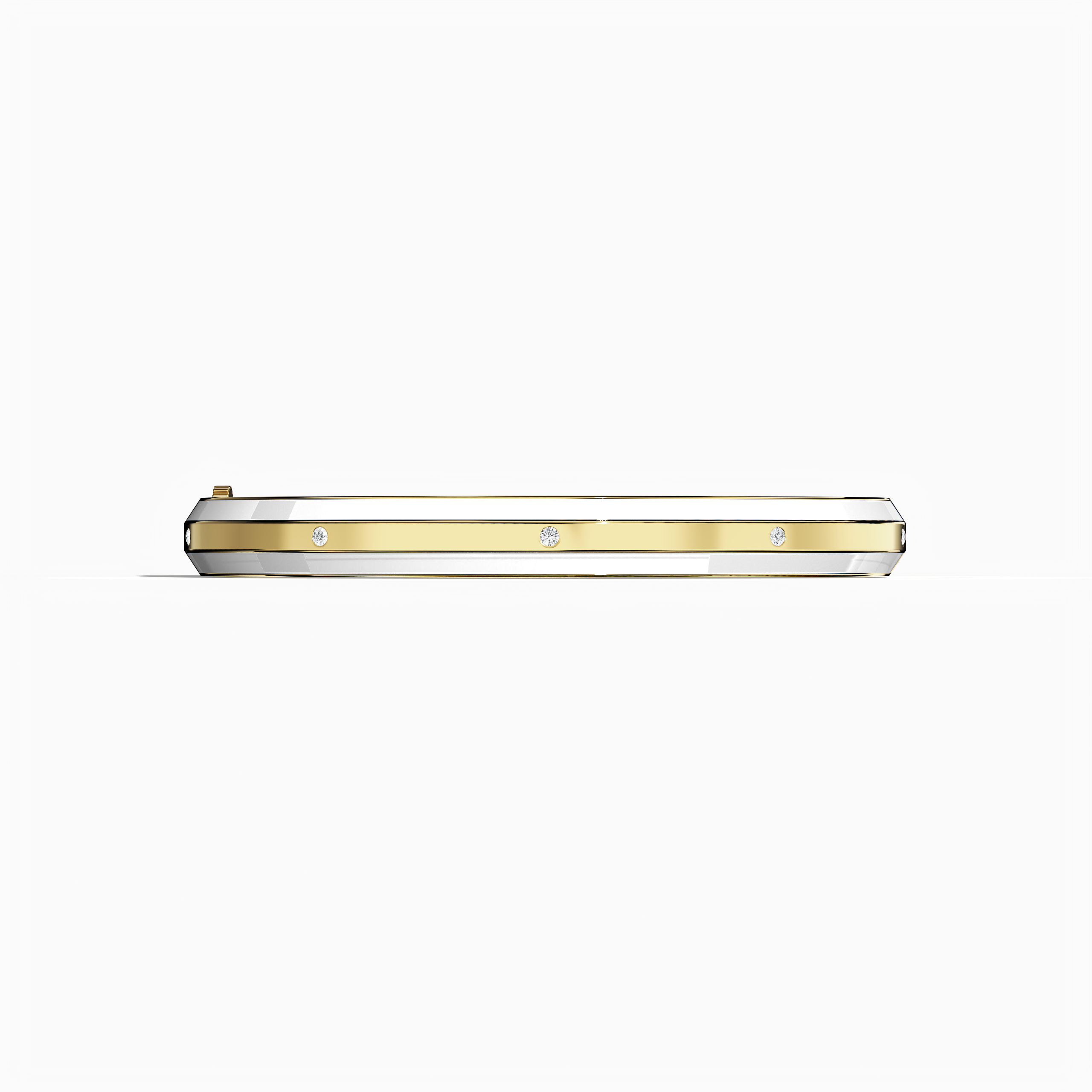 Front view of a side enamel 9-Diamonds bangle with 0.25 carat total diamond weight in timeless жёлтое золото—sometimes referred to as classic gold, golden, or sunlit gold. Also known as a diamond-encrusted bracelet, kada, or armlet, it features a luminous white enamel border—pearl or ivory toned—enhancing nine sparkling diamonds. Keywords: diamond bangle, жёлтое золото, white enamel, 9 diamonds, unisex.
