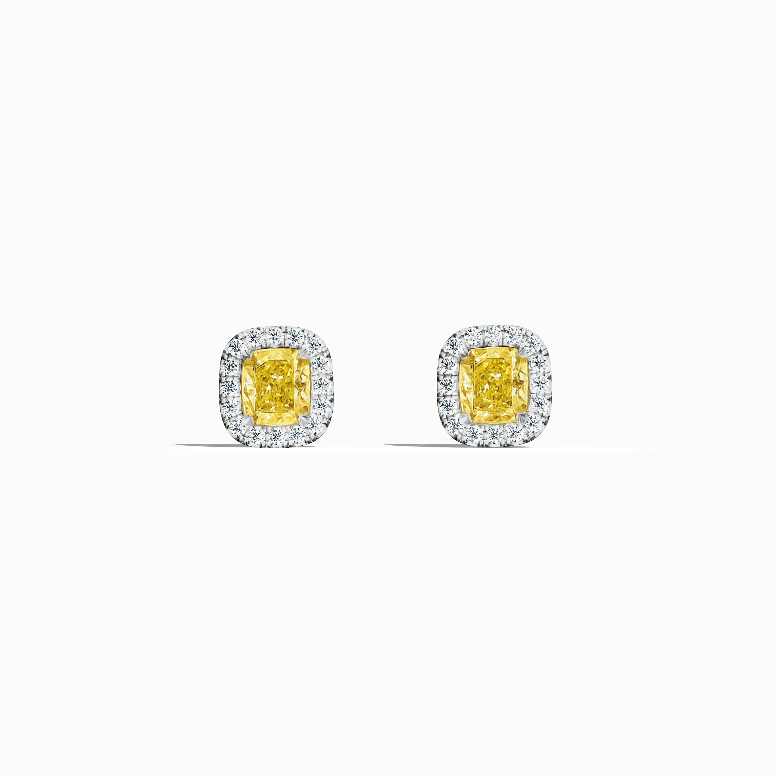 Yellow Cushion Halo stud in white Gold 2.47 carat total 1.00 carat each GIA certified D-F color VVS-VS clarity Dubai
