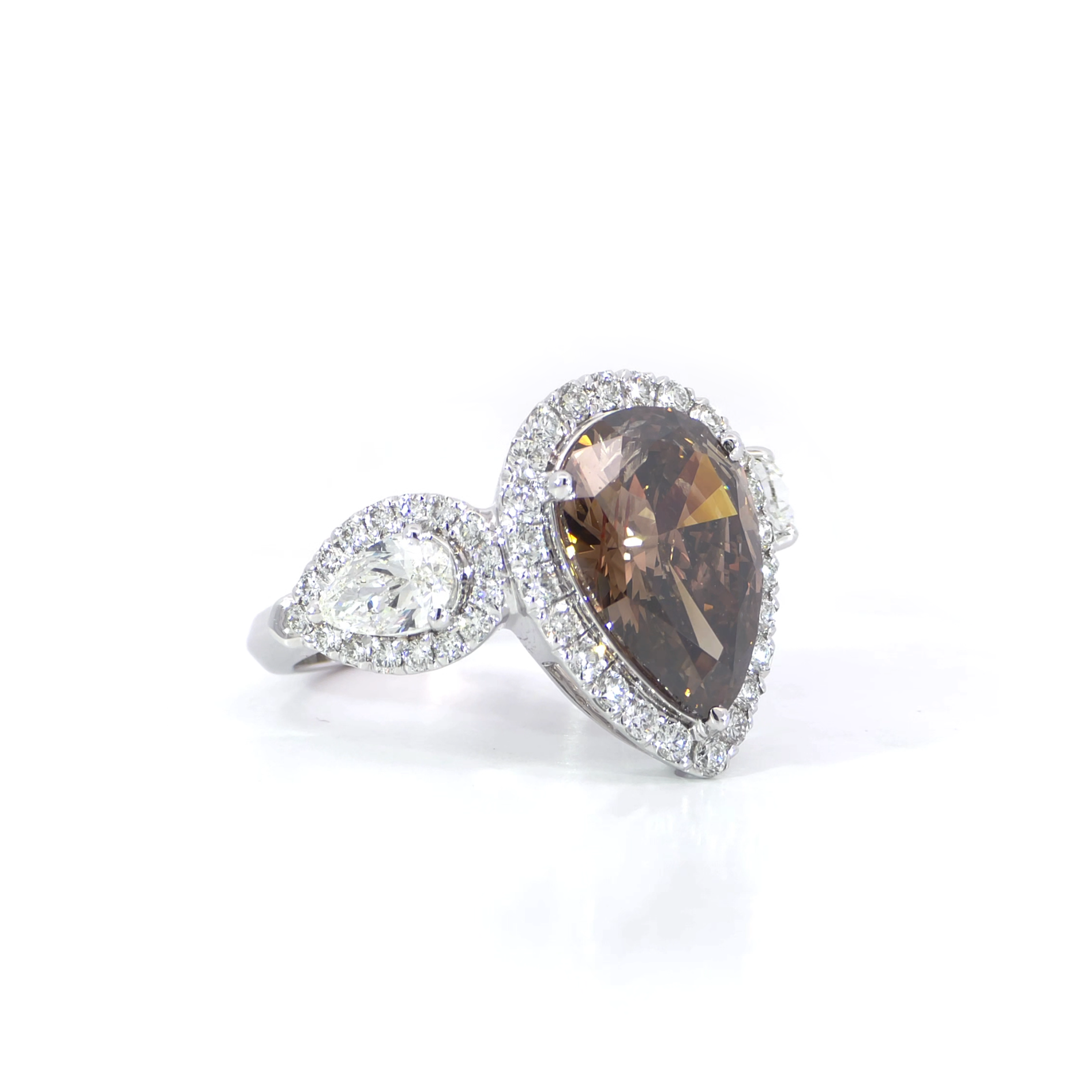 Brown diamond pear trio halo ring