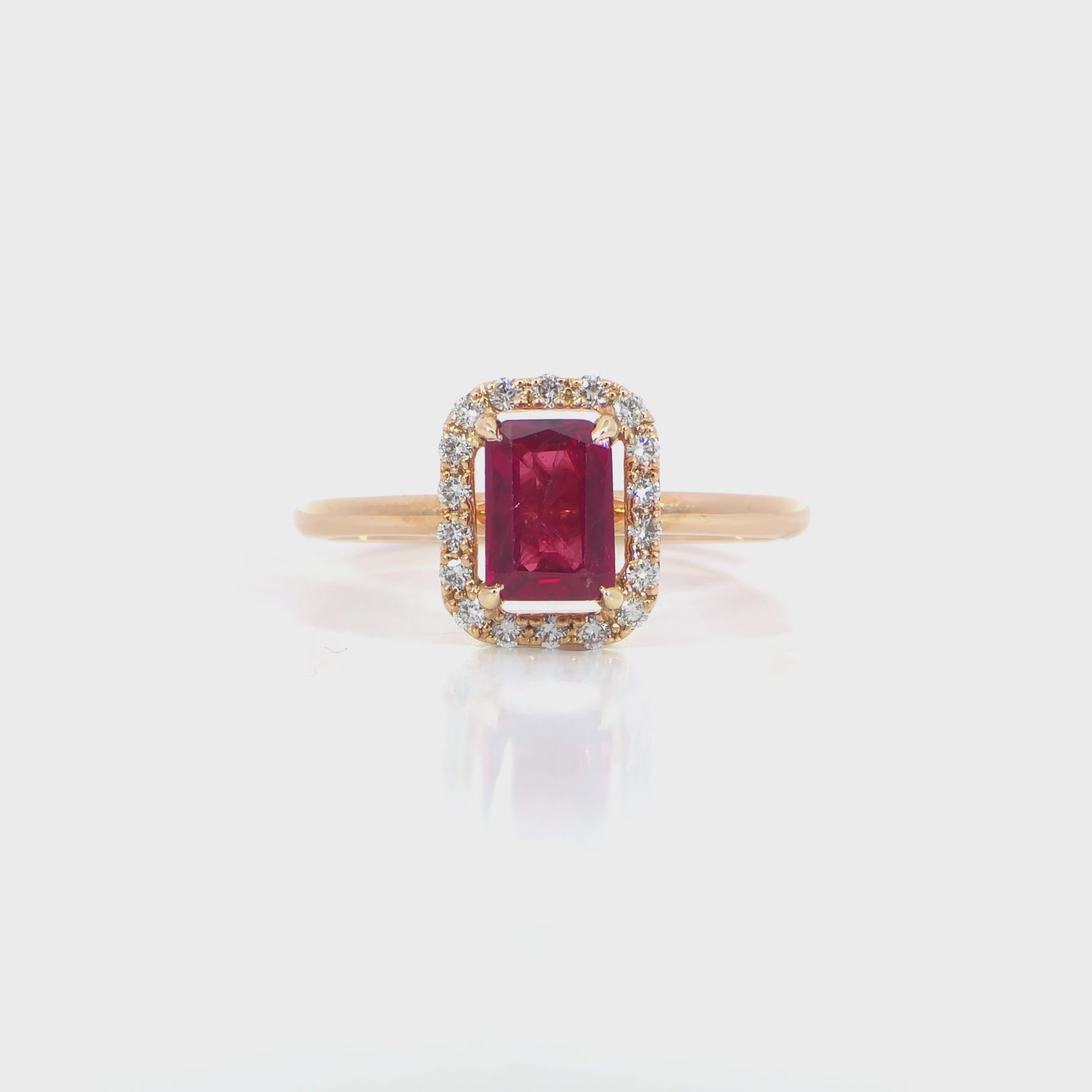 Radiant red ruby ring video 0.93 carat red ruby 0.165 carat D-F color VVS-VS clarity diamonds white gold craftsmanship
