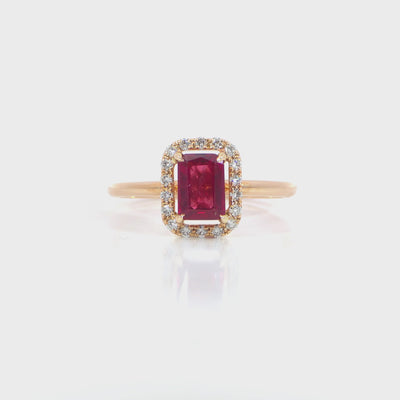 Radiant red ruby ring video 0.93 carat red ruby 0.165 carat D-F color VVS-VS clarity diamonds white gold craftsmanship
